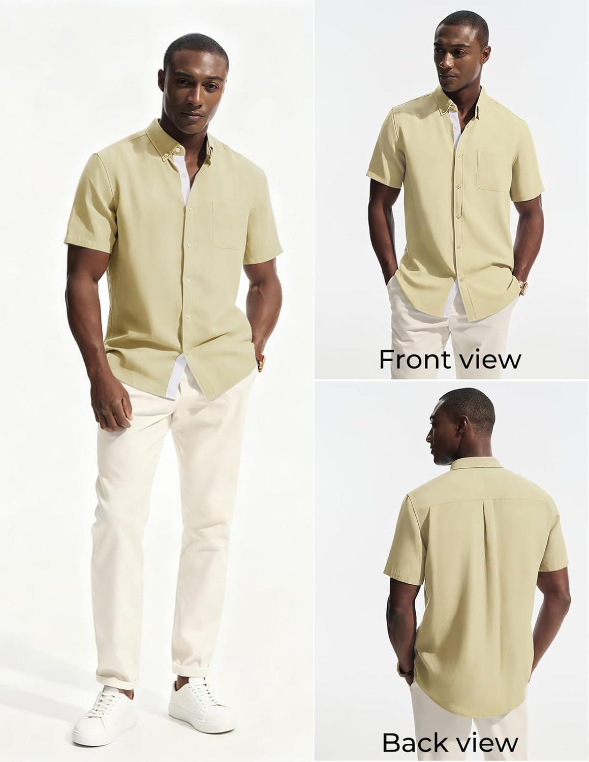 imagePJ PAUL JONES Mens Linen Shirt Button Down Short Sleeve Chambray Shirt Untucked Shirts for MenLight Yellow