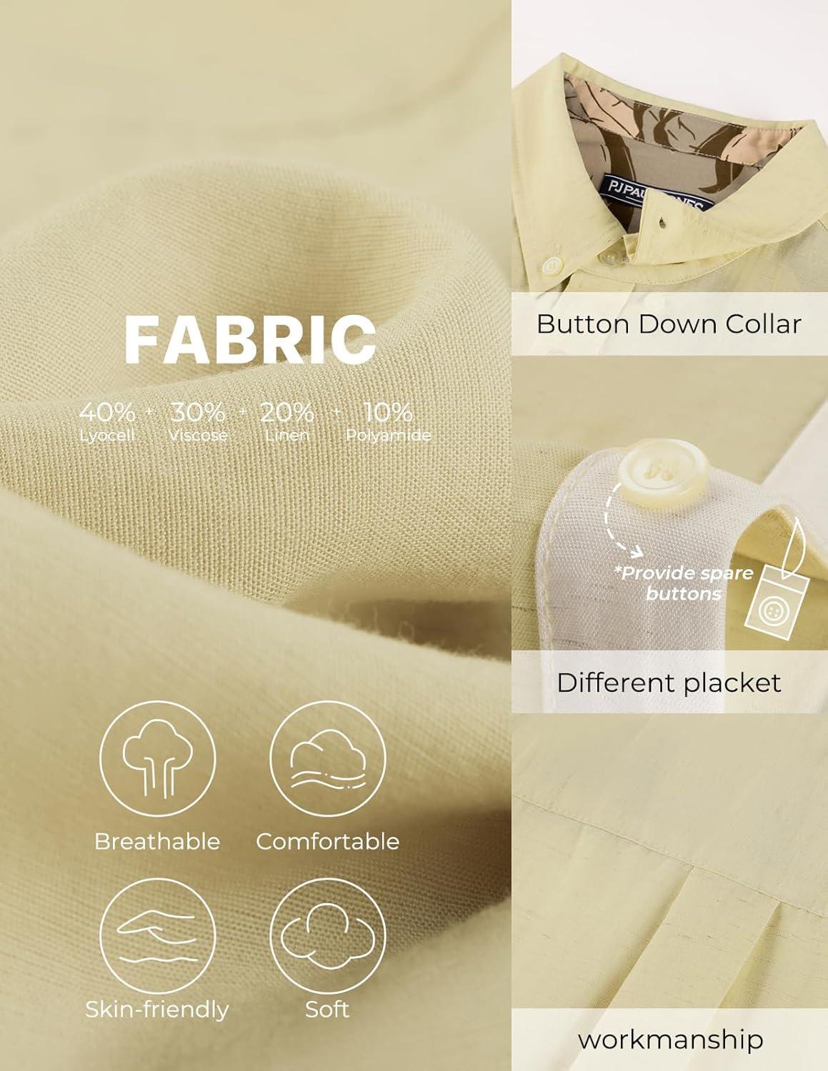 imagePJ PAUL JONES Mens Linen Shirt Button Down Short Sleeve Chambray Shirt Untucked Shirts for MenLight Yellow