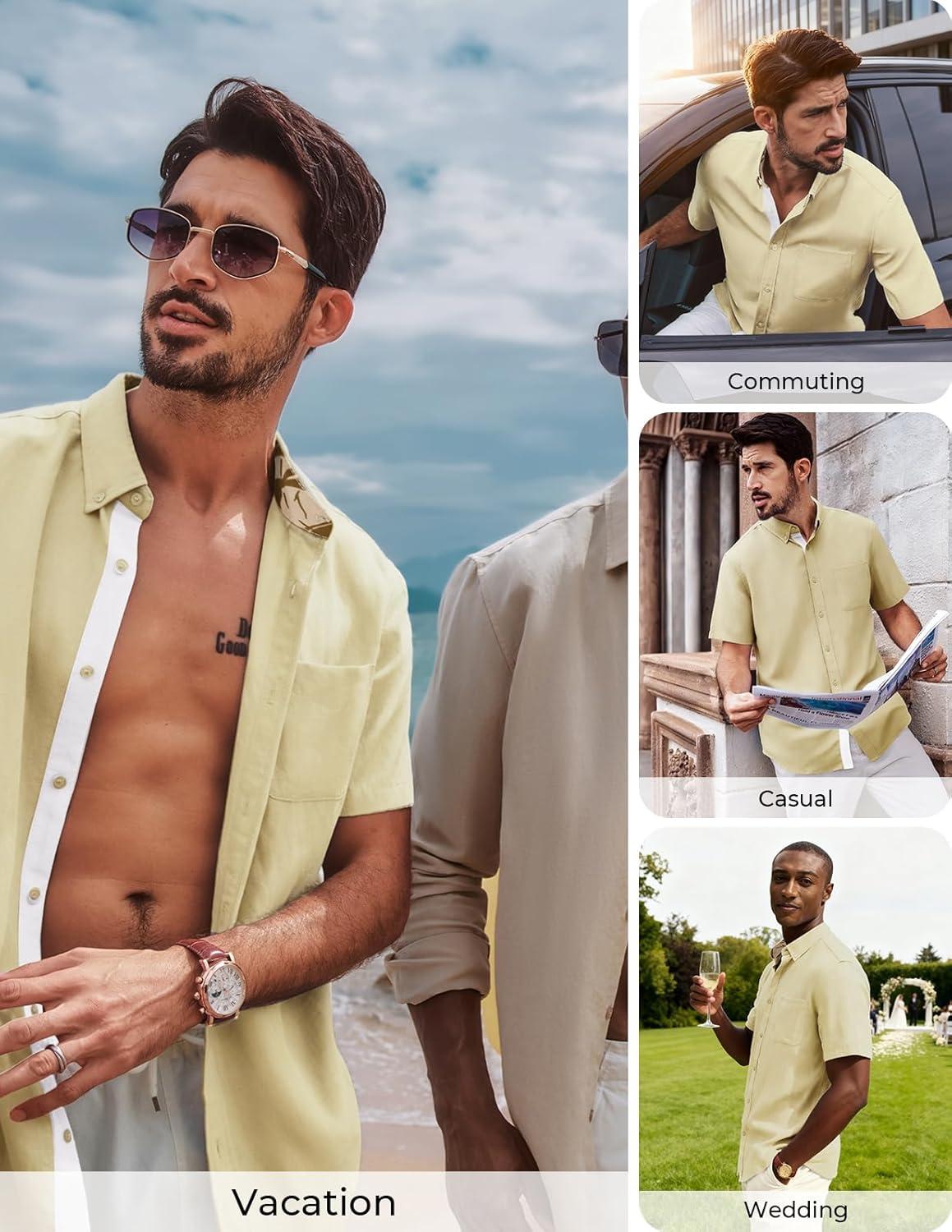 imagePJ PAUL JONES Mens Linen Shirt Button Down Short Sleeve Chambray Shirt Untucked Shirts for MenLight Yellow