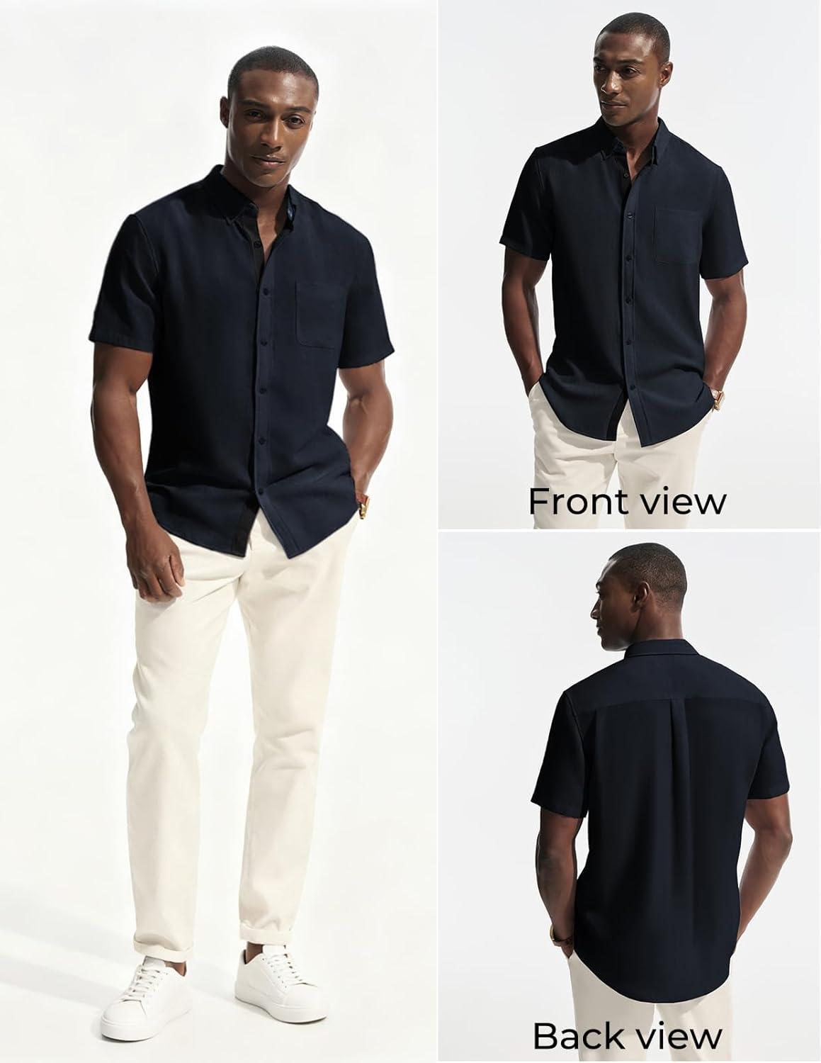 imagePJ PAUL JONES Mens Linen Shirt Button Down Short Sleeve Chambray Shirt Untucked Shirts for MenNavy