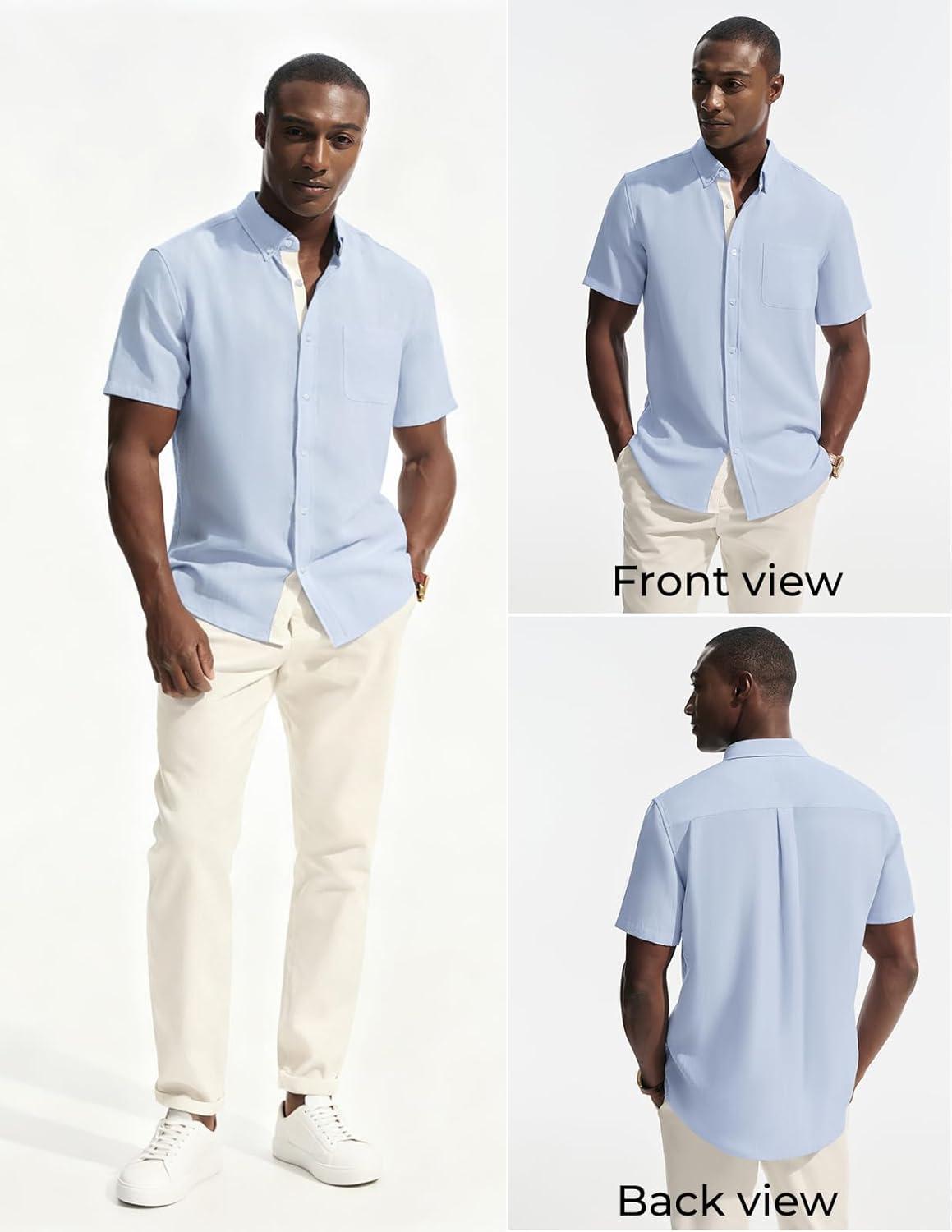 imagePJ PAUL JONES Mens Linen Shirt Button Down Short Sleeve Chambray Shirt Untucked Shirts for MenSky Blue