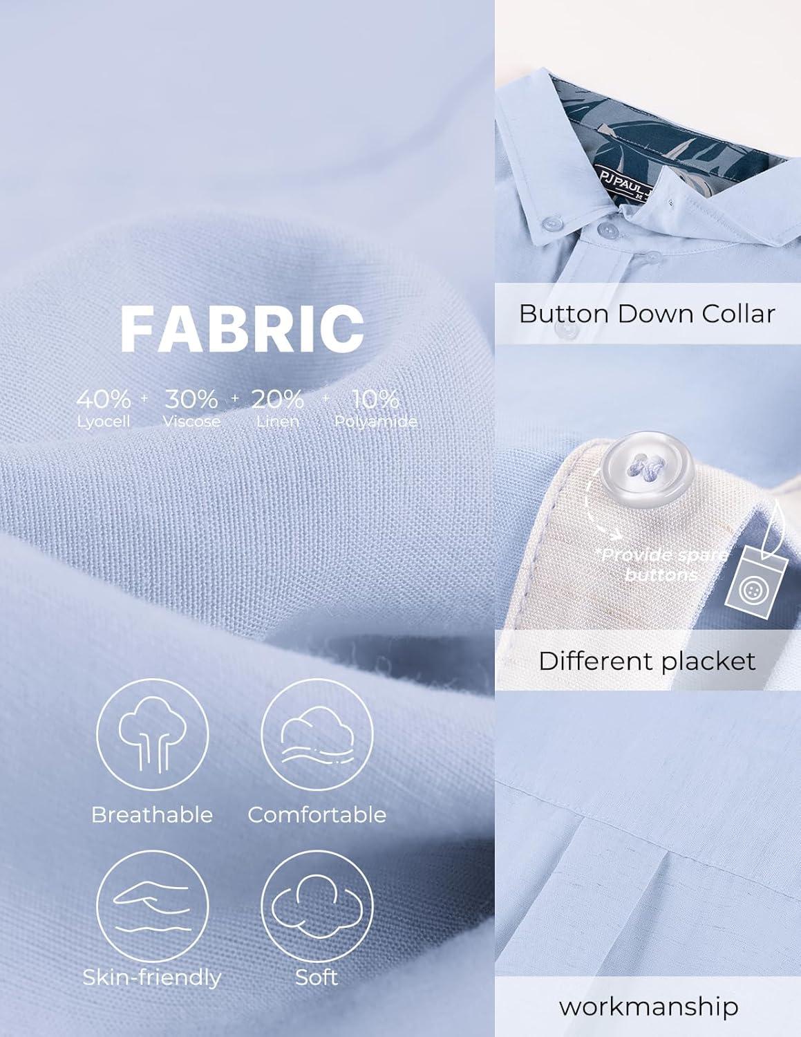 imagePJ PAUL JONES Mens Linen Shirt Button Down Short Sleeve Chambray Shirt Untucked Shirts for MenSky Blue