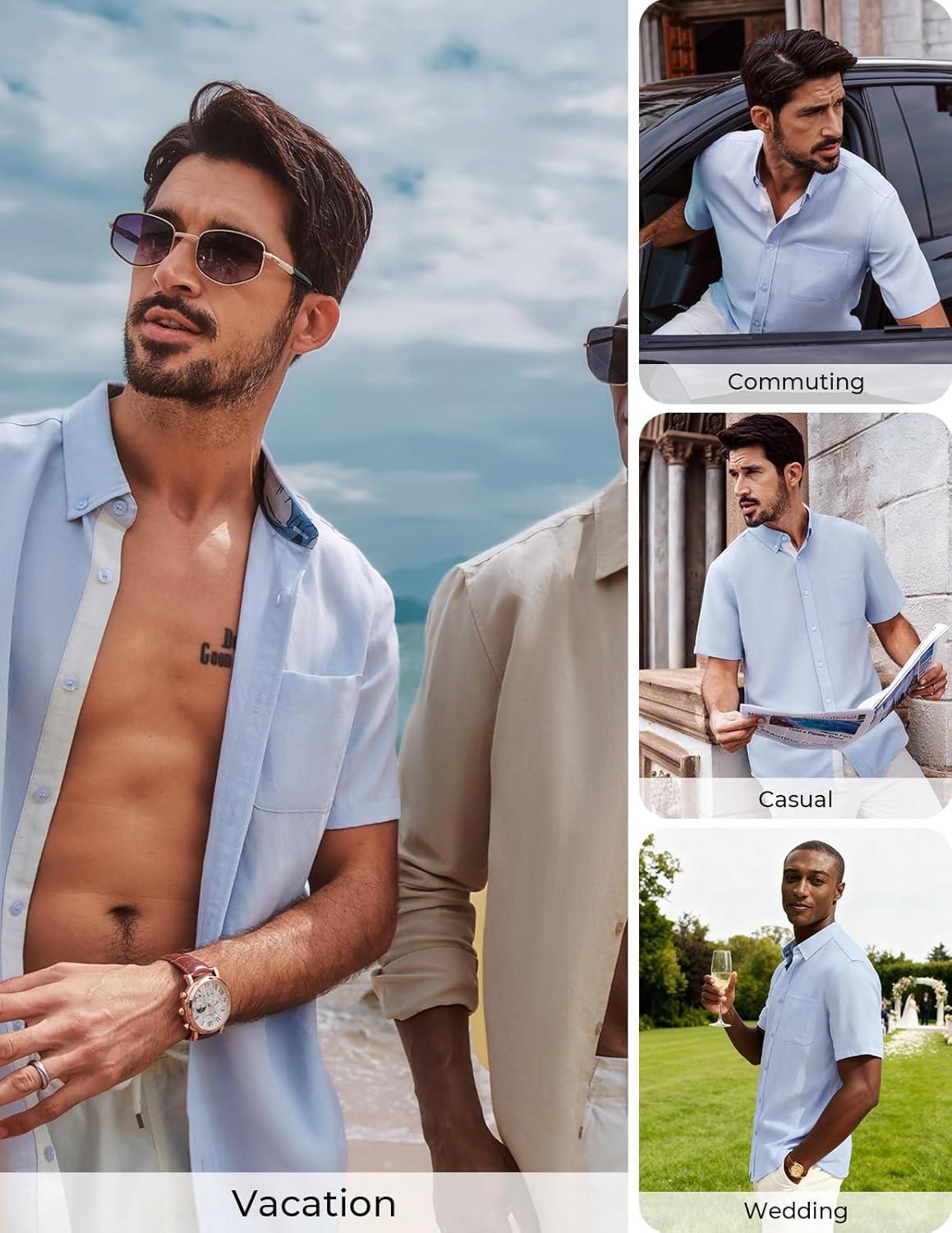 imagePJ PAUL JONES Mens Linen Shirt Button Down Short Sleeve Chambray Shirt Untucked Shirts for MenSky Blue
