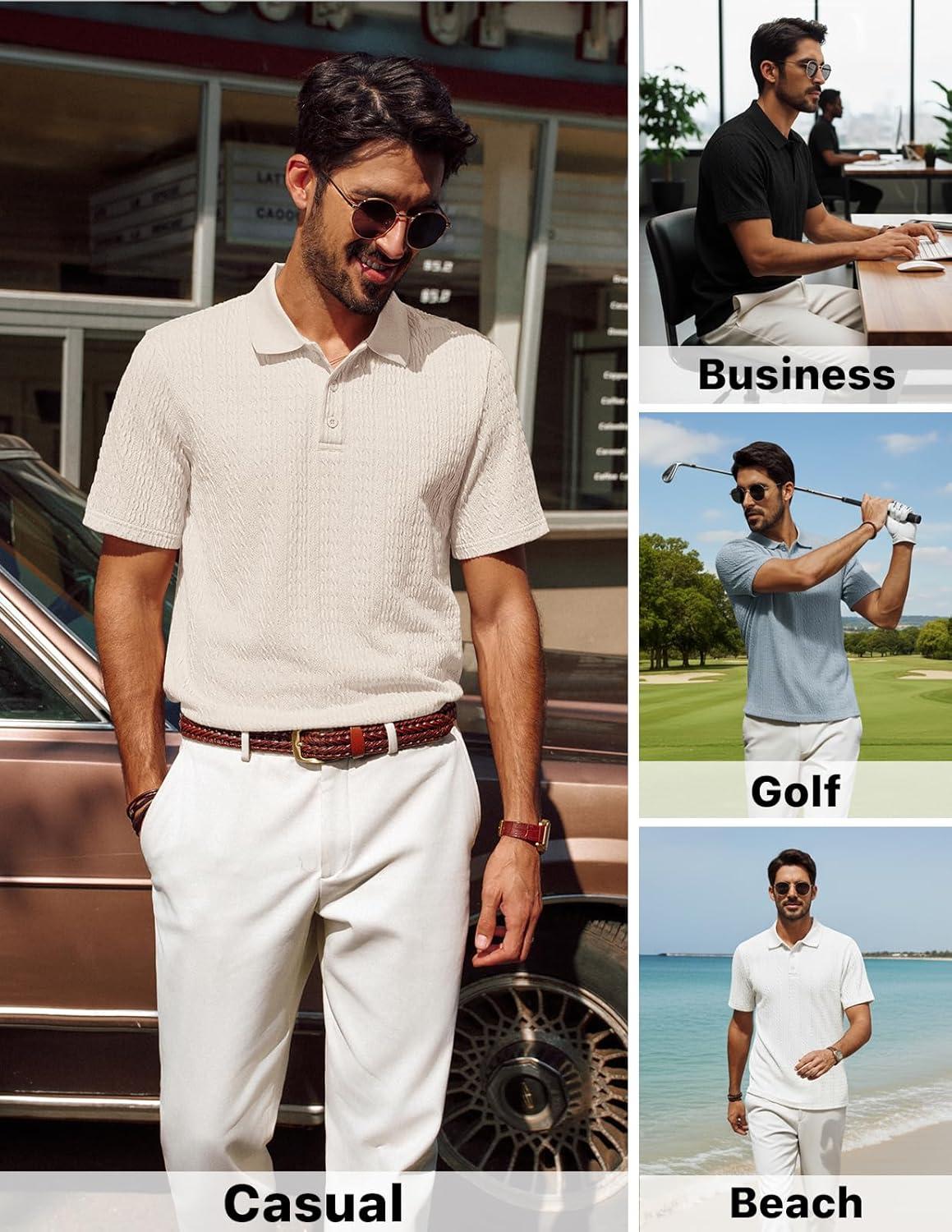imagePJ PAUL JONES Mens Polo Shirts Short Sleeve Casual Collared Summer Vacation Shirts Golf Polo ShirtsLight Apricot