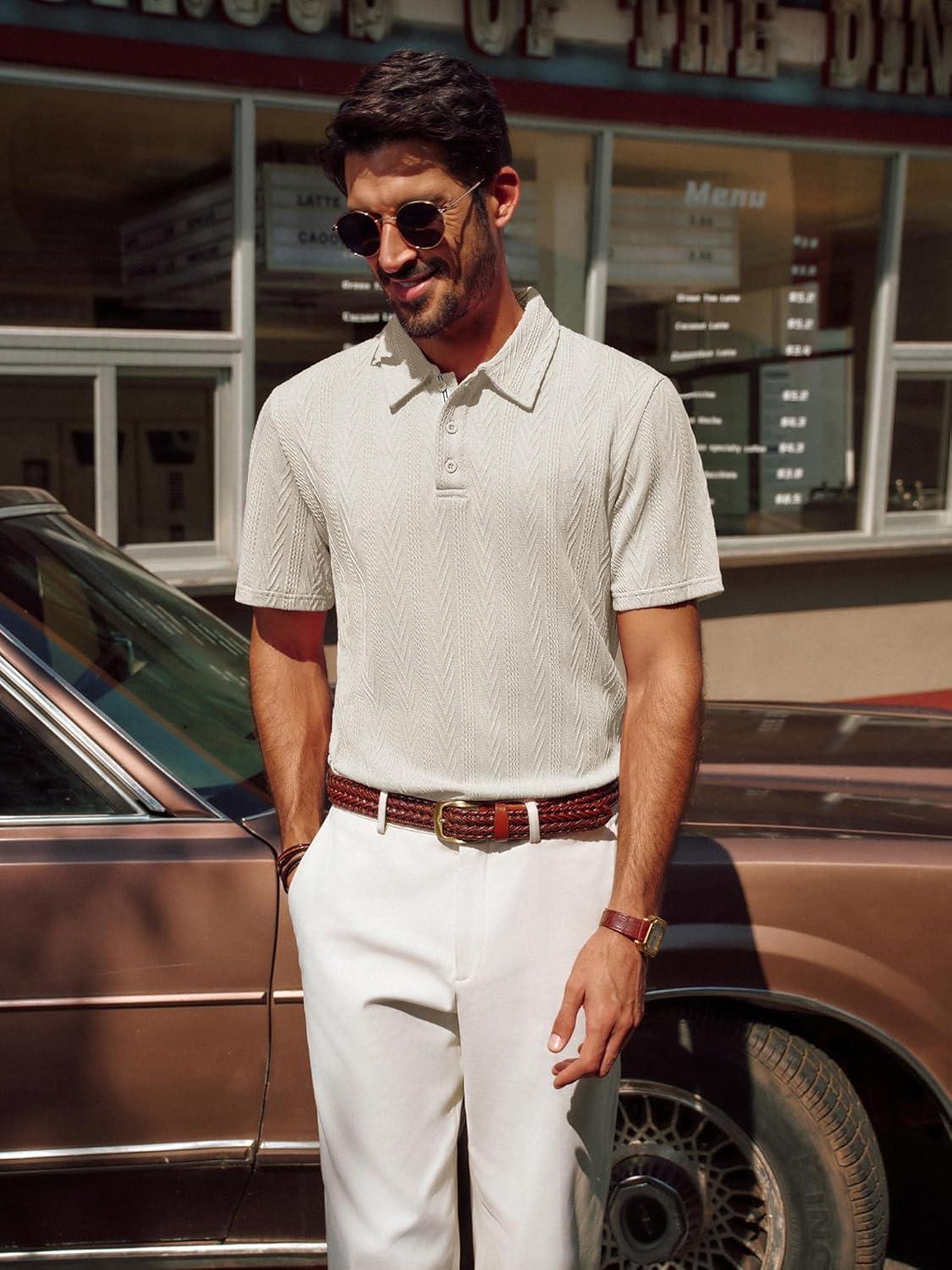 imagePJ PAUL JONES Mens Polo Shirts Short Sleeve Casual Textured Knit Polo Shirt for Men Goft CollaredApricot Beige