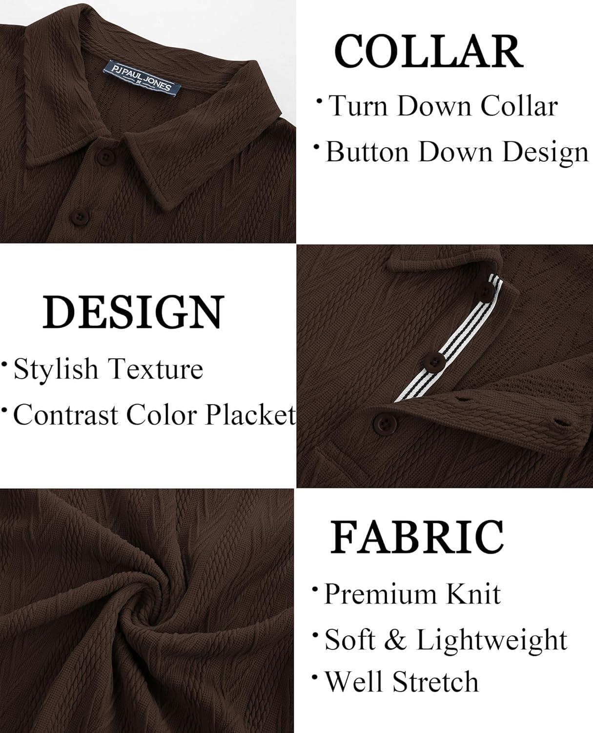 imagePJ PAUL JONES Mens Polo Shirts Short Sleeve Casual Textured Knit Polo Shirt for Men Goft CollaredCoffee Brown