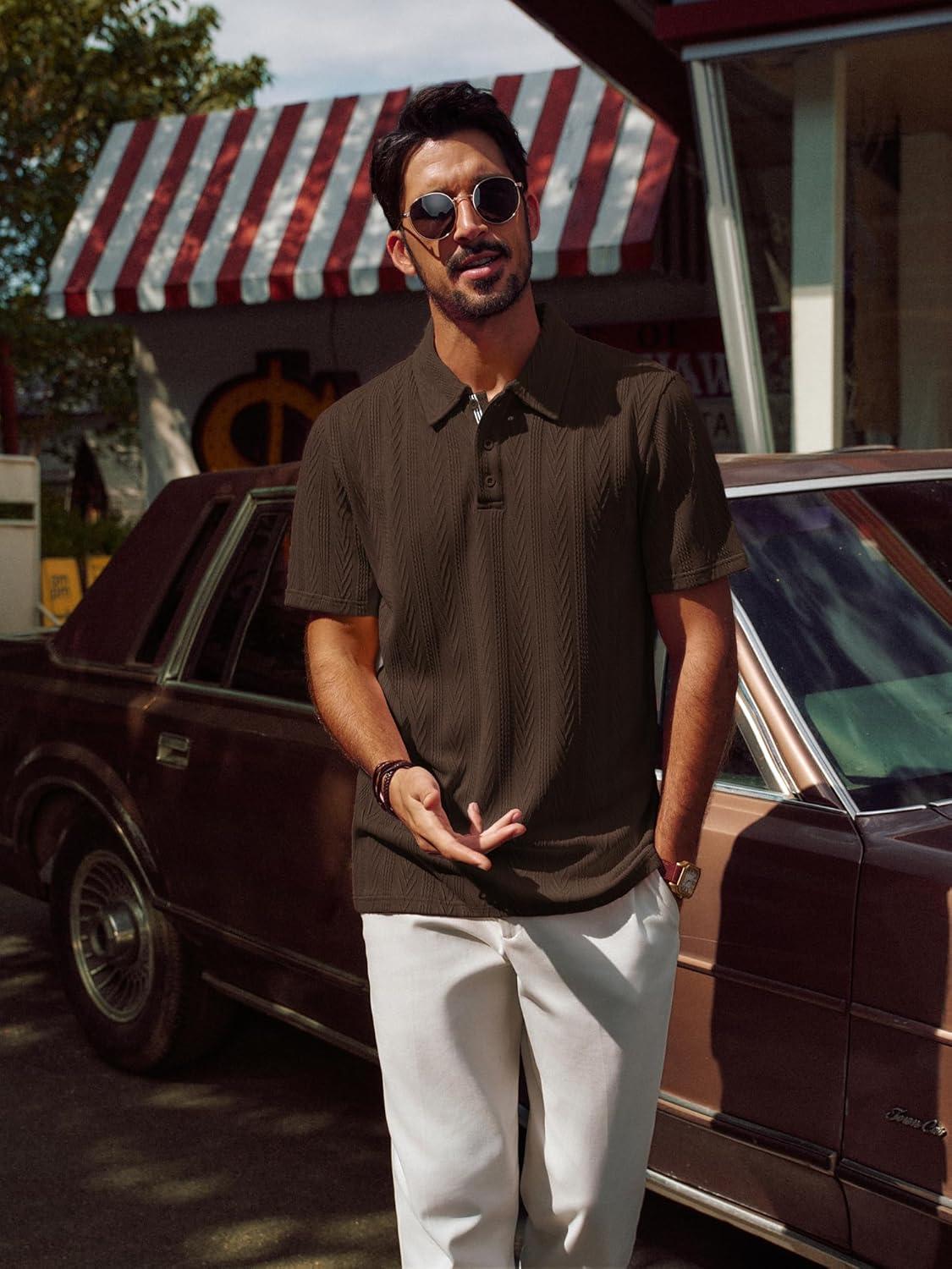 imagePJ PAUL JONES Mens Polo Shirts Short Sleeve Casual Textured Knit Polo Shirt for Men Goft CollaredCoffee Brown