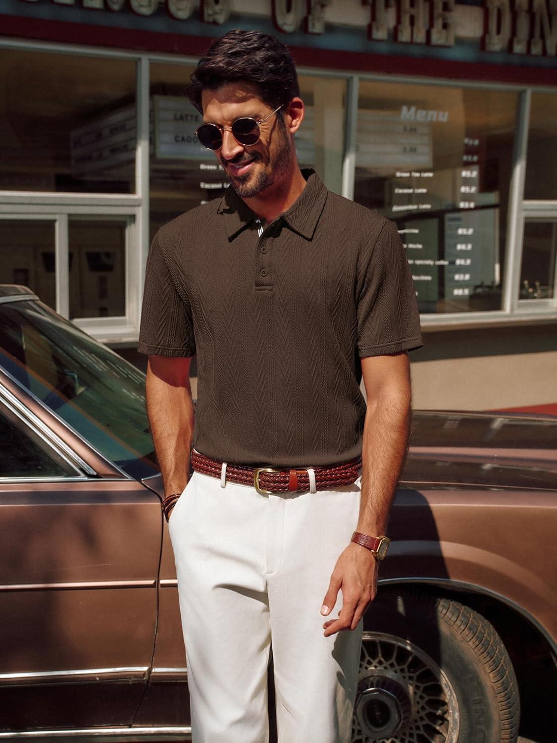 imagePJ PAUL JONES Mens Polo Shirts Short Sleeve Casual Textured Knit Polo Shirt for Men Goft CollaredCoffee Brown