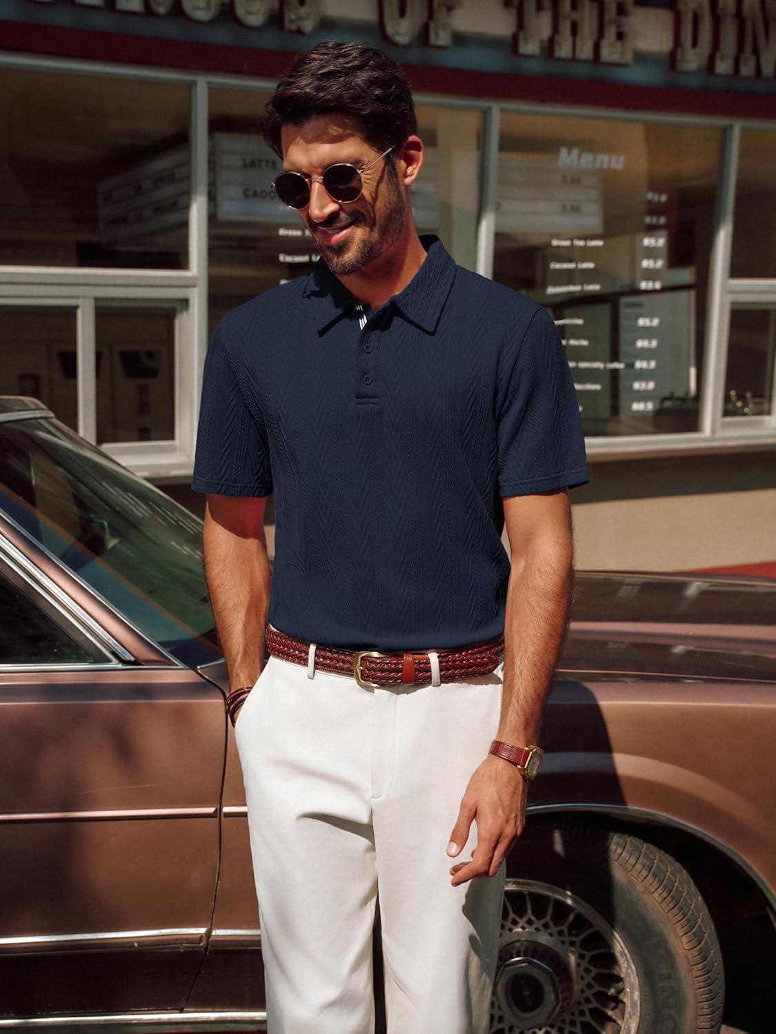 imagePJ PAUL JONES Mens Polo Shirts Short Sleeve Casual Textured Knit Polo Shirt for Men Goft CollaredNavy Blue