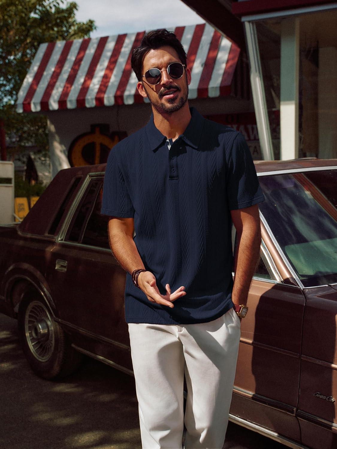 imagePJ PAUL JONES Mens Polo Shirts Short Sleeve Casual Textured Knit Polo Shirt for Men Goft CollaredNavy Blue