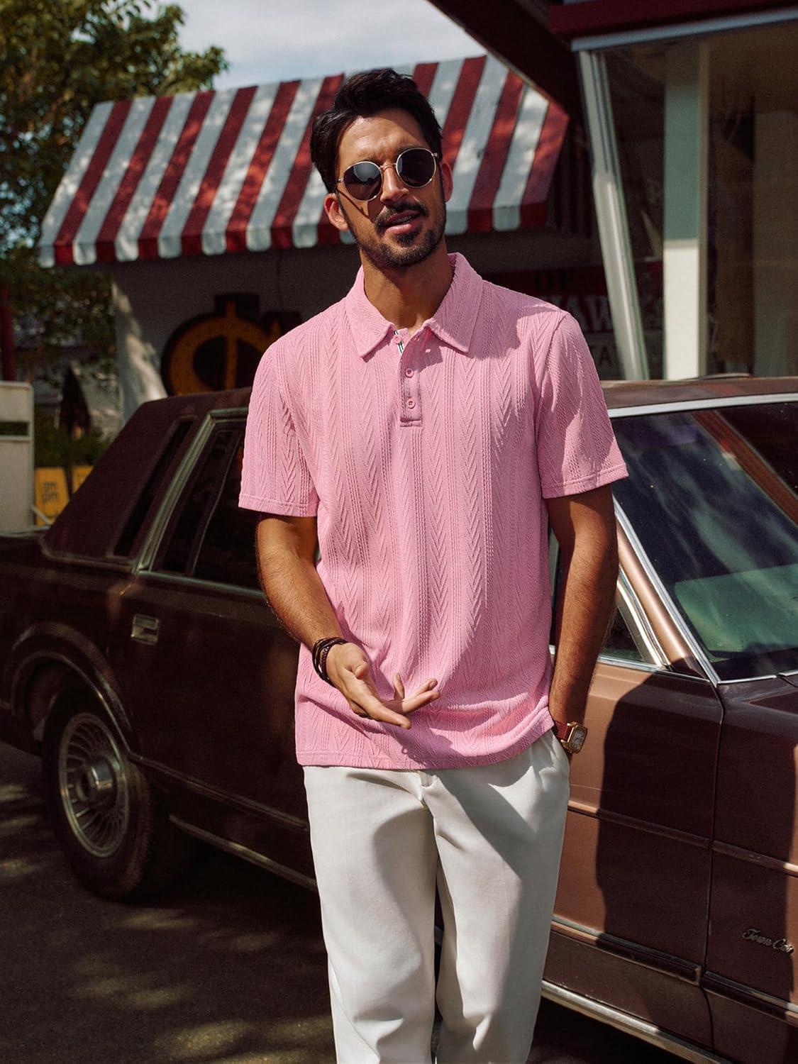 imagePJ PAUL JONES Mens Polo Shirts Short Sleeve Casual Textured Knit Polo Shirt for Men Goft CollaredPink
