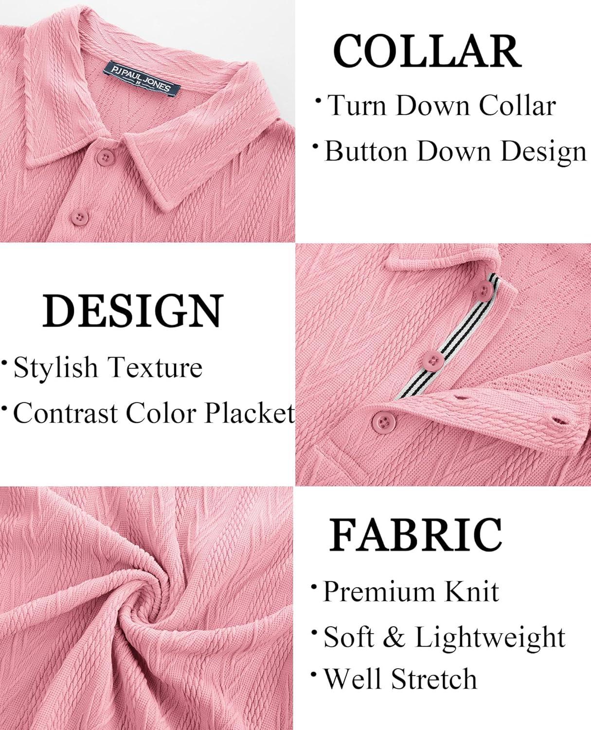 imagePJ PAUL JONES Mens Polo Shirts Short Sleeve Casual Textured Knit Polo Shirt for Men Goft CollaredPink