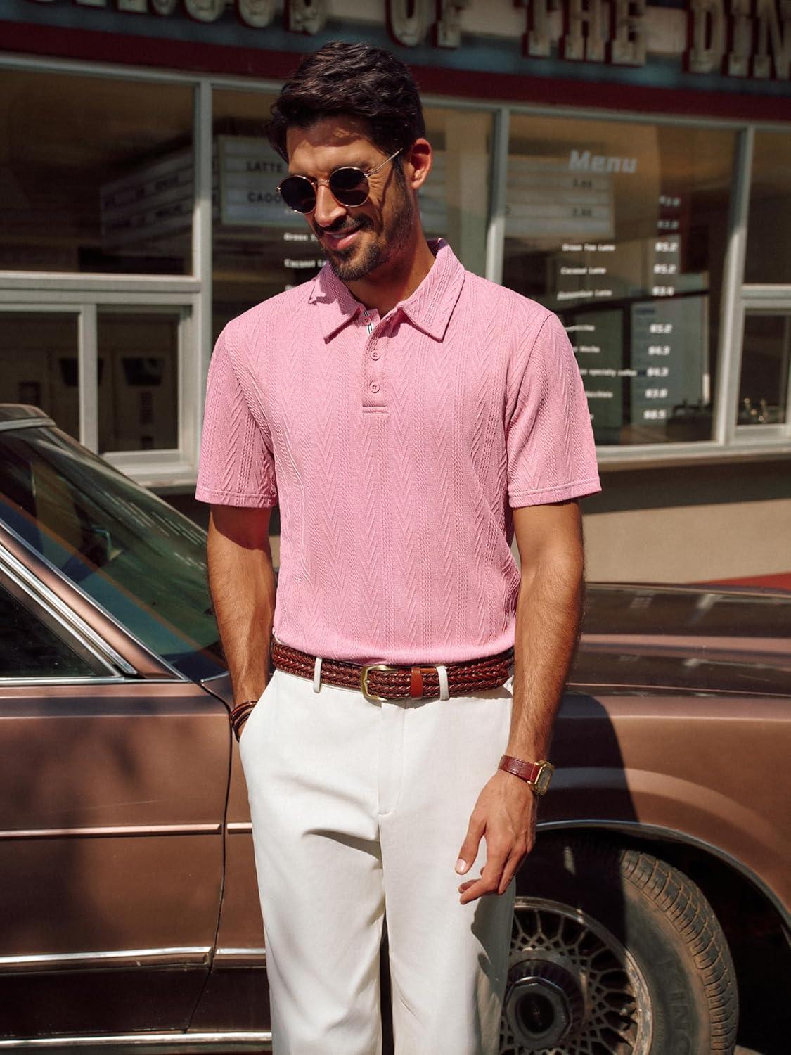 imagePJ PAUL JONES Mens Polo Shirts Short Sleeve Casual Textured Knit Polo Shirt for Men Goft CollaredPink
