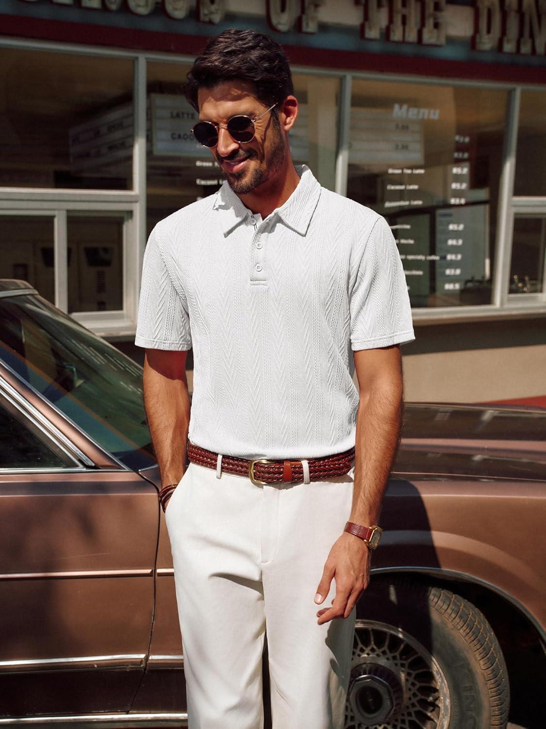 imagePJ PAUL JONES Mens Polo Shirts Short Sleeve Casual Textured Knit Polo Shirt for Men Goft CollaredWhite