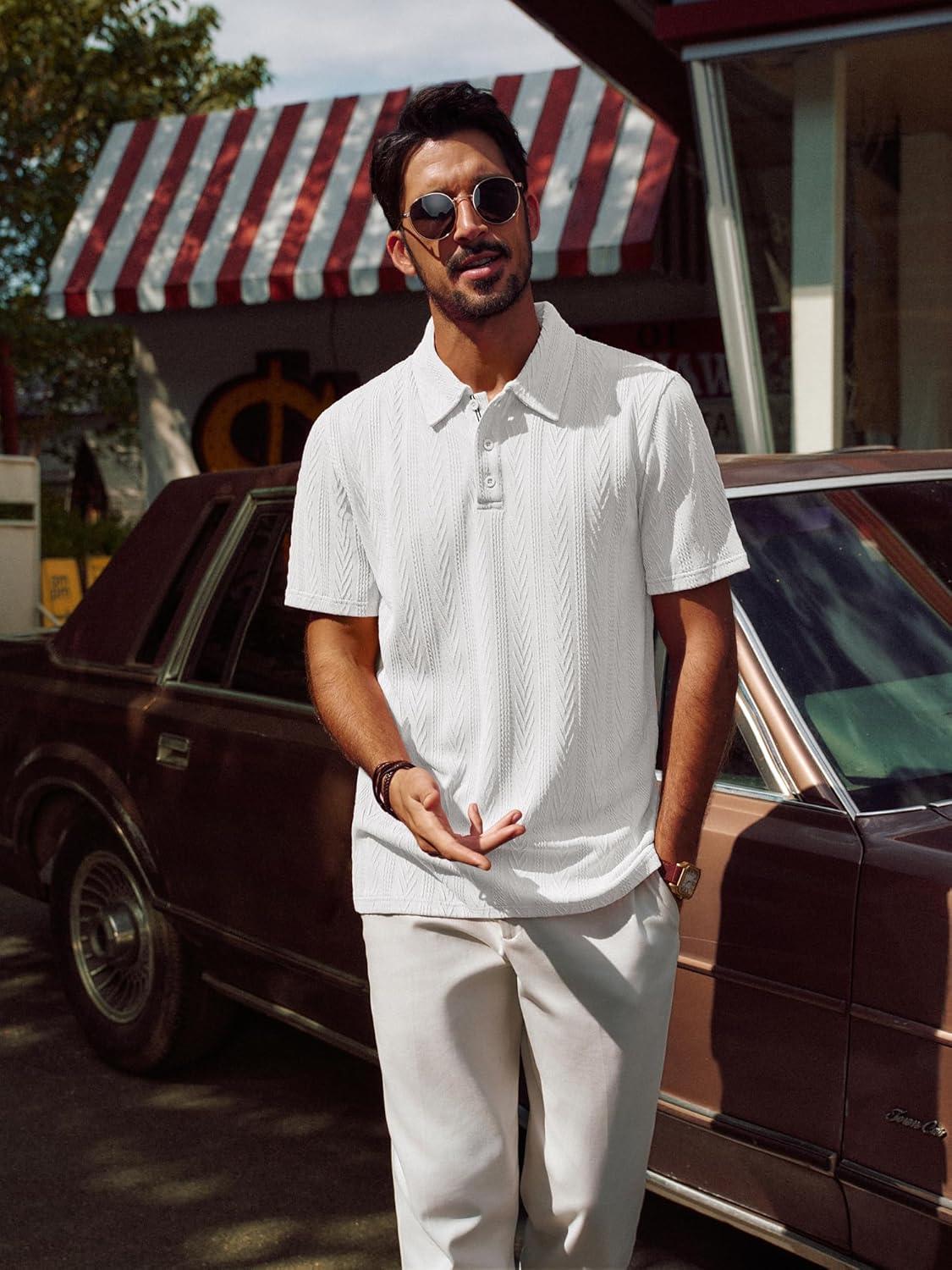 imagePJ PAUL JONES Mens Polo Shirts Short Sleeve Casual Textured Knit Polo Shirt for Men Goft CollaredWhite