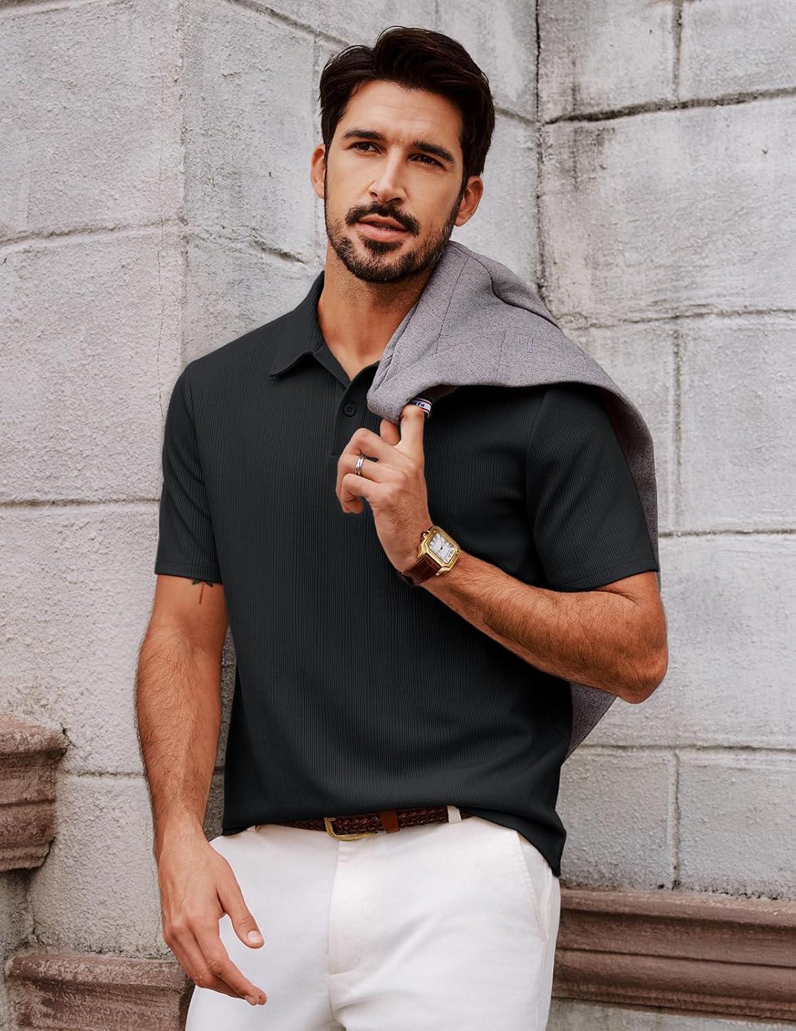 imagePJ PAUL JONES Mens Polo Shirts Short Sleeve Knit Polo Casaul Collared Polo Shirts WrinkleFree Golf PoloBlack