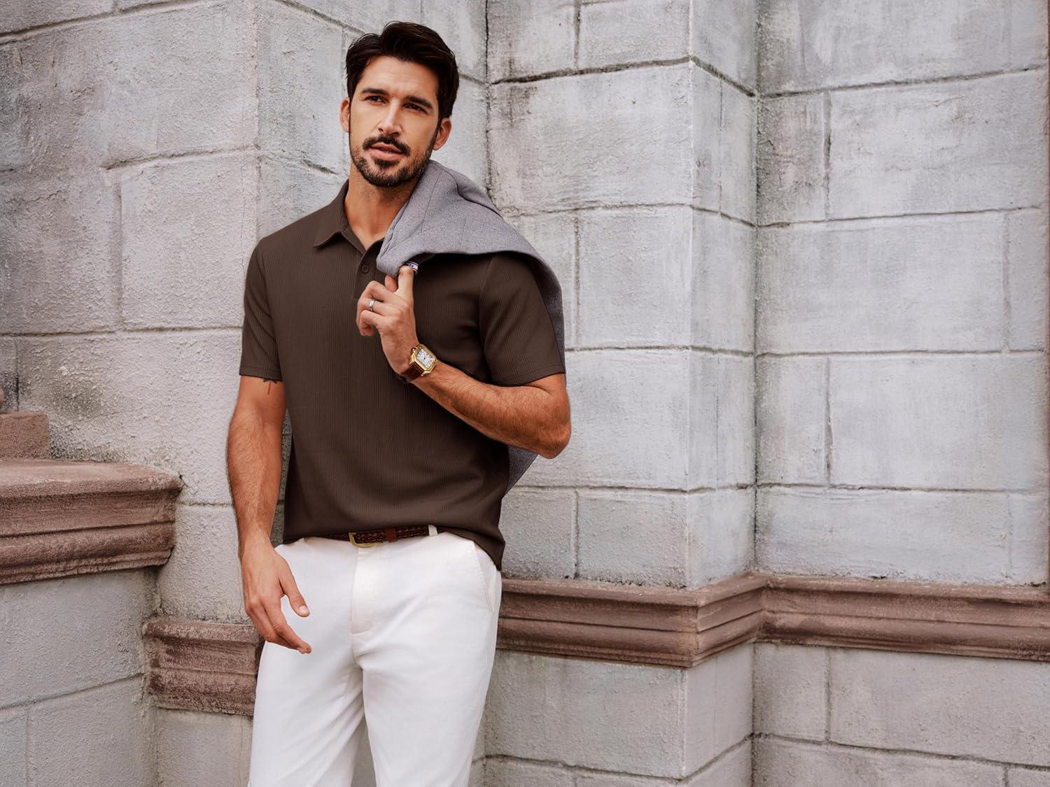 imagePJ PAUL JONES Mens Polo Shirts Short Sleeve Knit Polo Casaul Collared Polo Shirts WrinkleFree Golf PoloCoffee