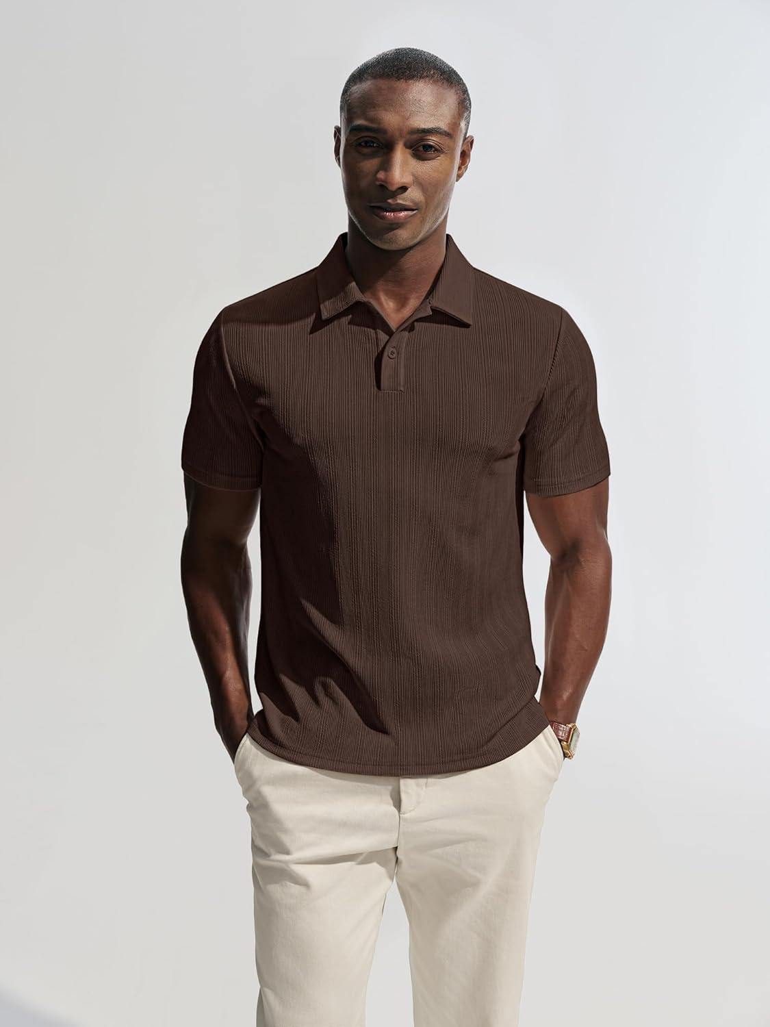 imagePJ PAUL JONES Mens Polo Shirts Short Sleeve Knit Polo Casaul Collared Polo Shirts WrinkleFree Golf PoloCoffee