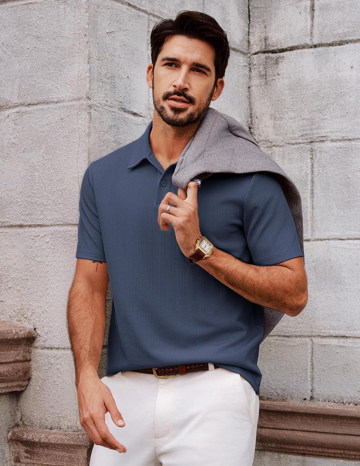 imagePJ PAUL JONES Mens Polo Shirts Short Sleeve Knit Polo Casaul Collared Polo Shirts WrinkleFree Golf PoloNavy Blue