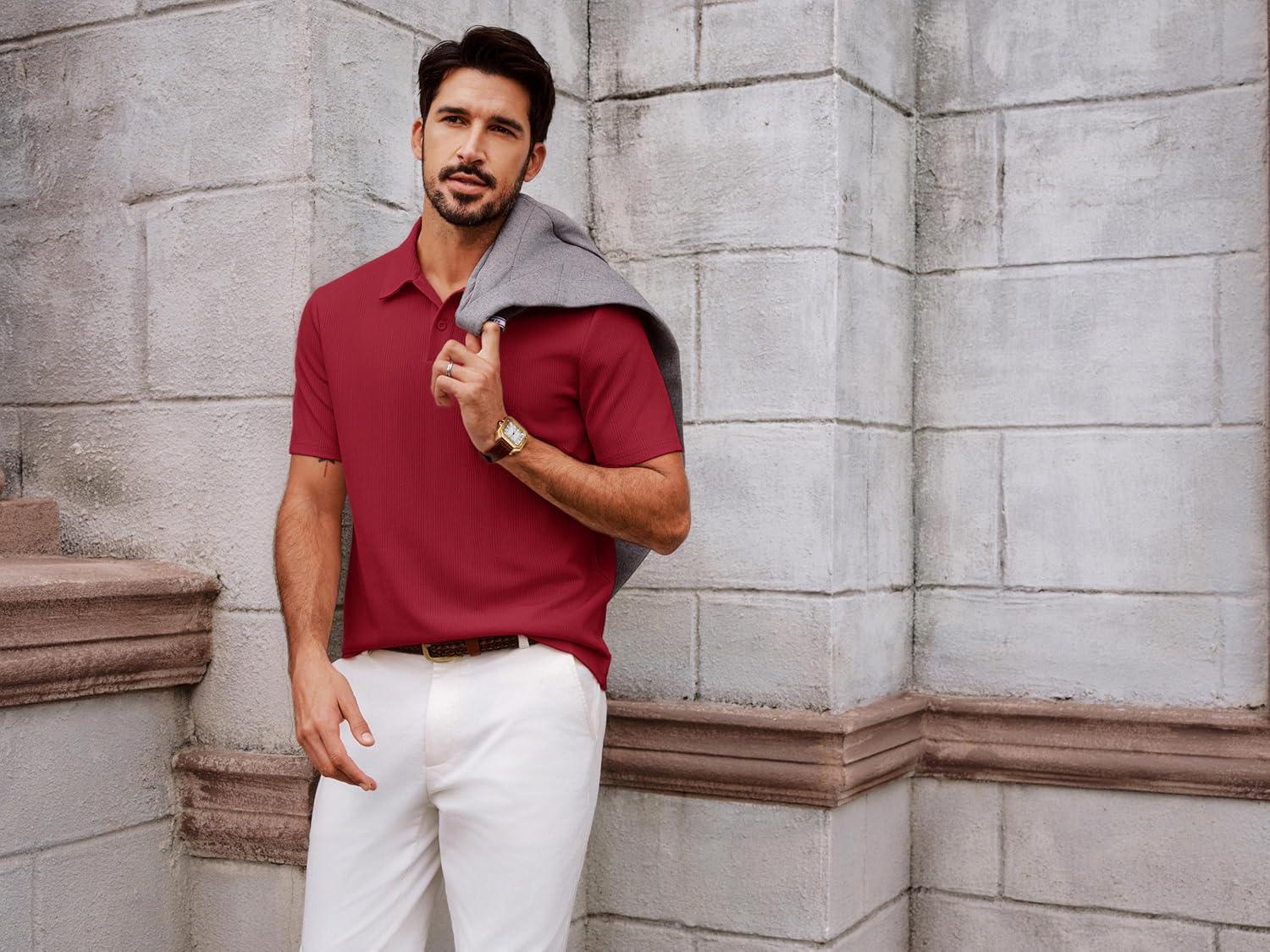 imagePJ PAUL JONES Mens Polo Shirts Short Sleeve Knit Polo Casaul Collared Polo Shirts WrinkleFree Golf PoloRed