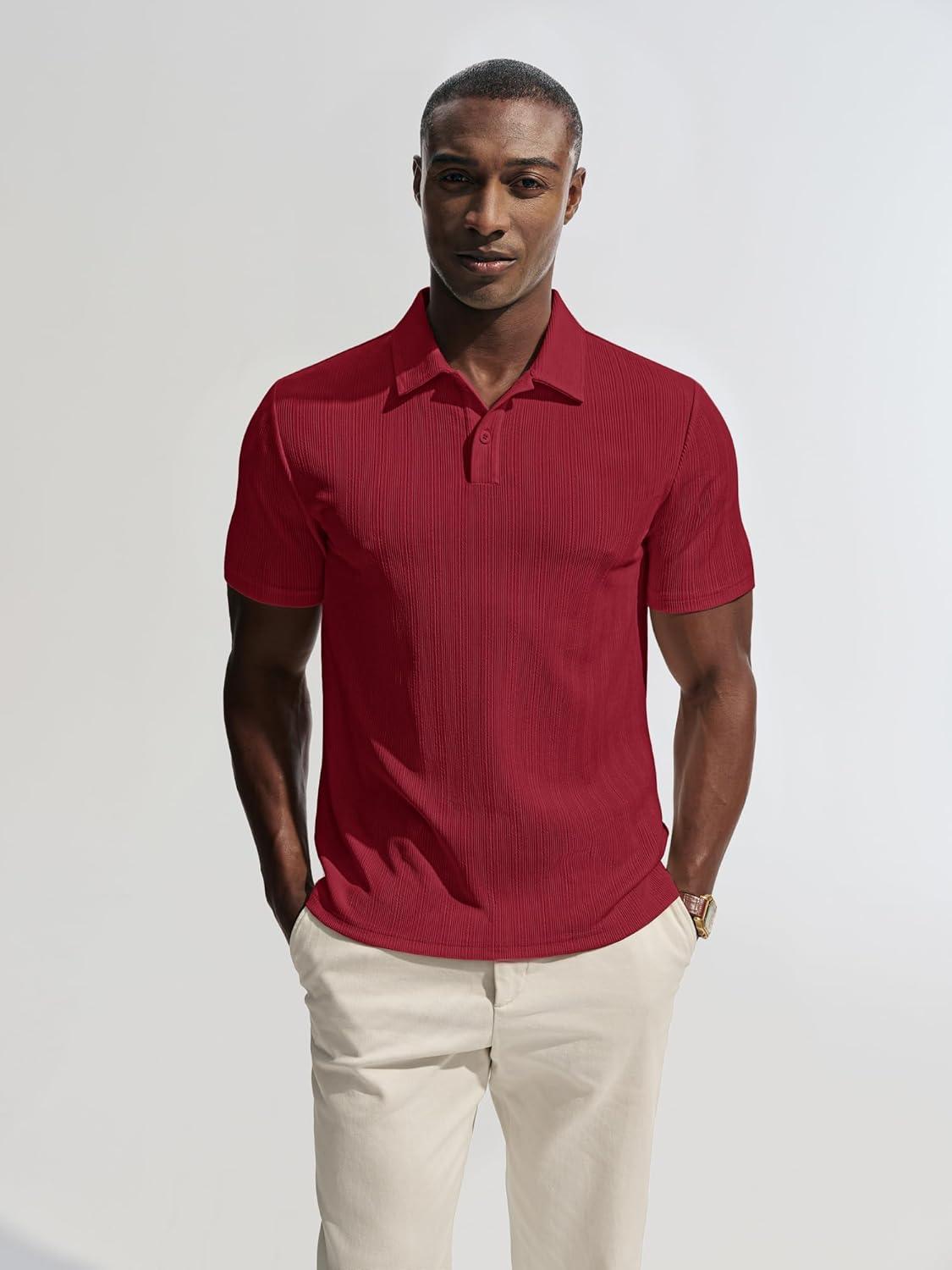 imagePJ PAUL JONES Mens Polo Shirts Short Sleeve Knit Polo Casaul Collared Polo Shirts WrinkleFree Golf PoloRed