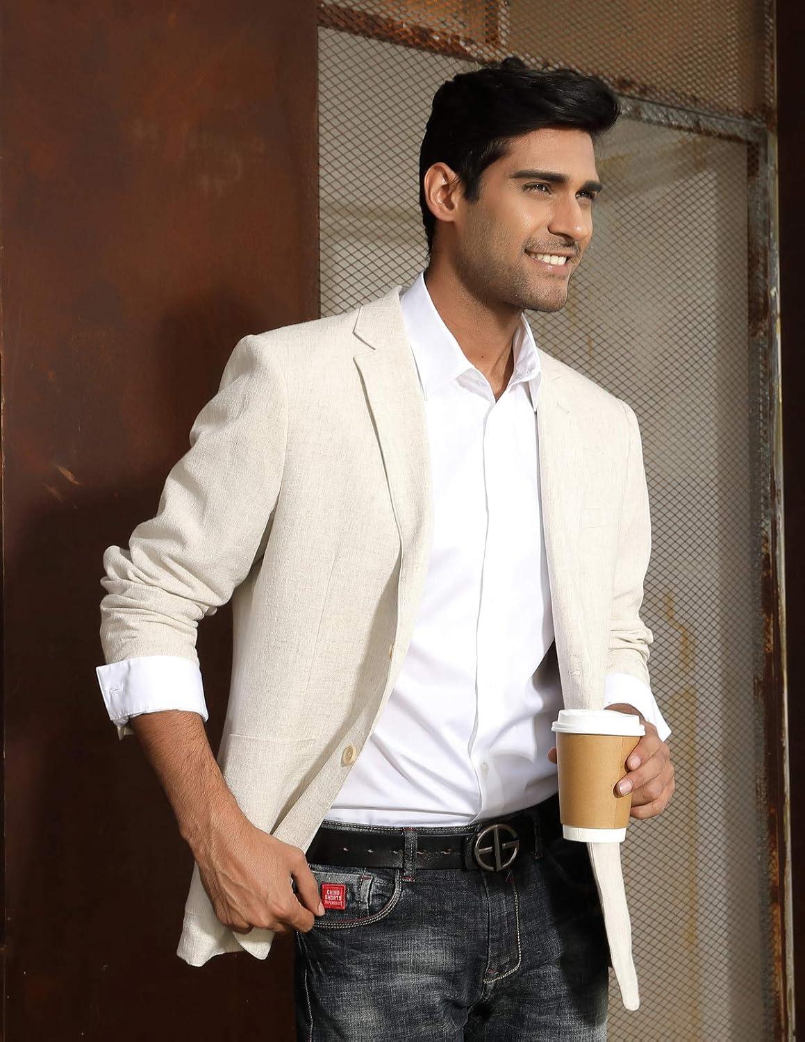 imagePJ PAUL JONES Mens Slim Fit Lightweight Linen Jacket Tailored Blazer Sport CoatAkhaki