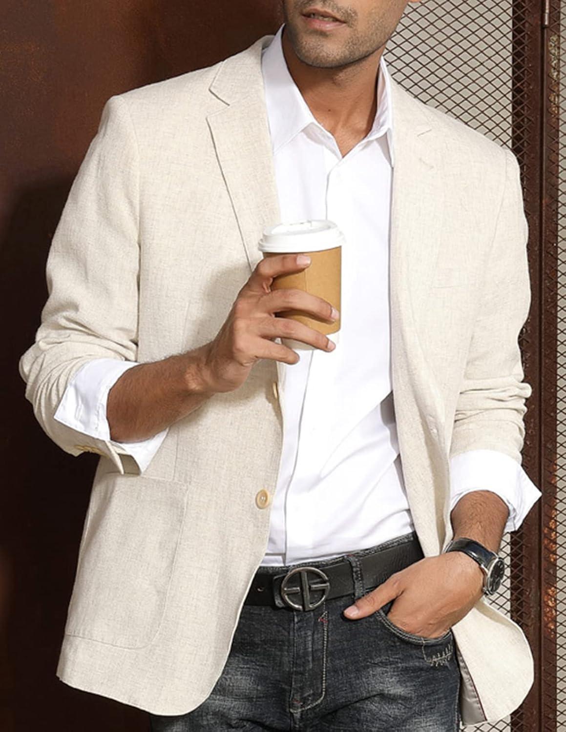 imagePJ PAUL JONES Mens Slim Fit Lightweight Linen Jacket Tailored Blazer Sport CoatAkhaki