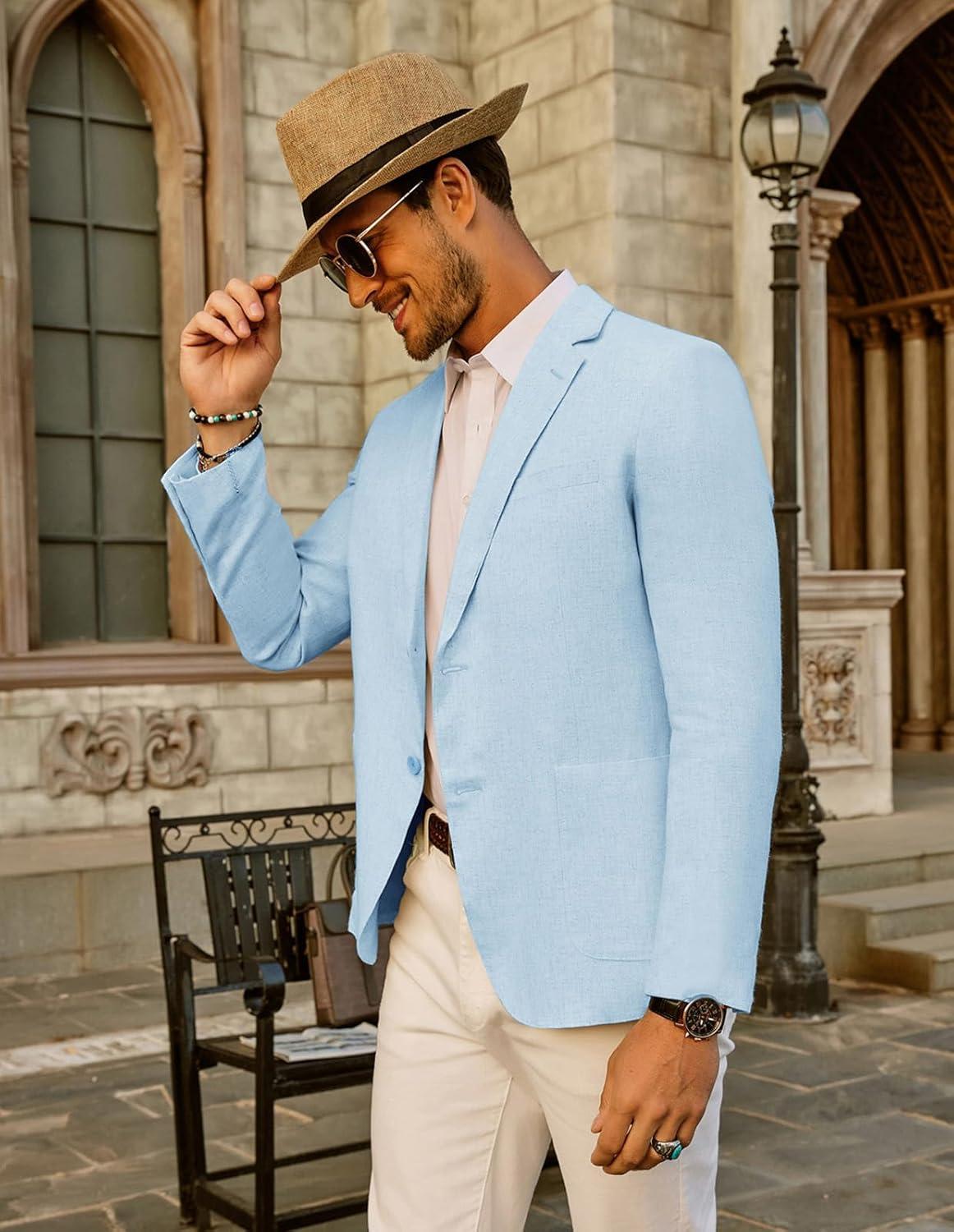 imagePJ PAUL JONES Mens Slim Fit Lightweight Linen Jacket Tailored Blazer Sport CoatLight Blue