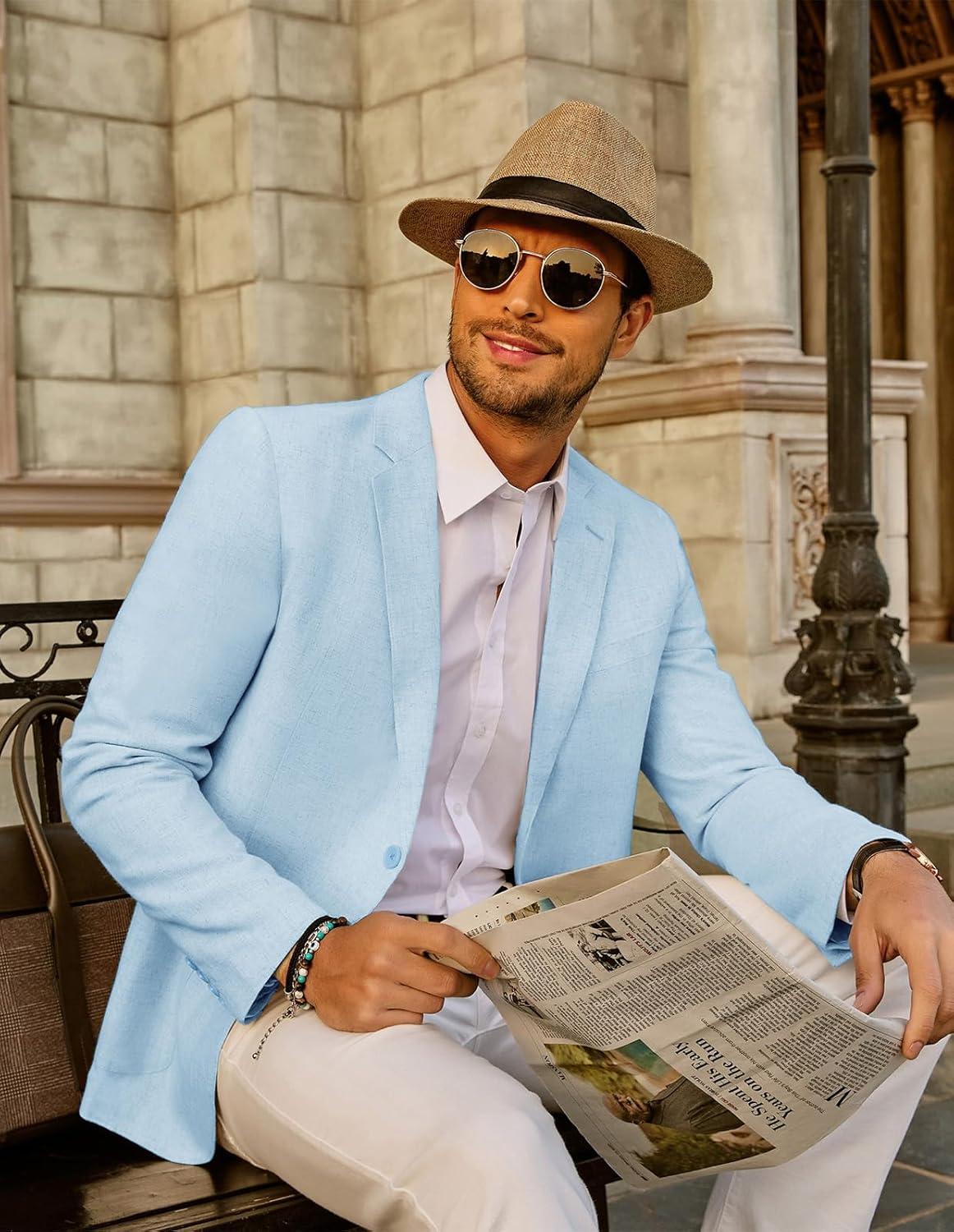 imagePJ PAUL JONES Mens Slim Fit Lightweight Linen Jacket Tailored Blazer Sport CoatLight Blue
