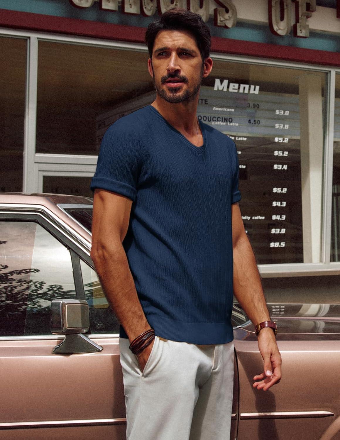 imagePJ PAUL JONES Mens T Shirts V Neck Short Sleeve Textured Herringbone Modern Fit Knit ShirtsRoyal Blue