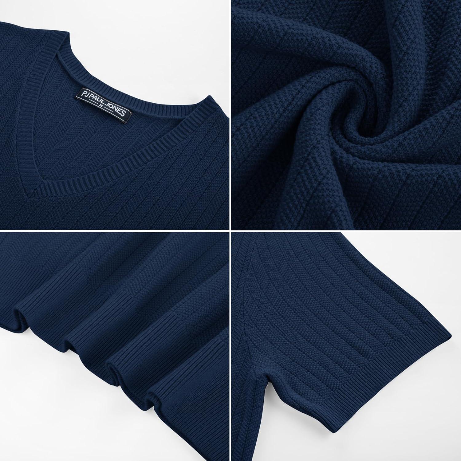 imagePJ PAUL JONES Mens T Shirts V Neck Short Sleeve Textured Herringbone Modern Fit Knit ShirtsRoyal Blue