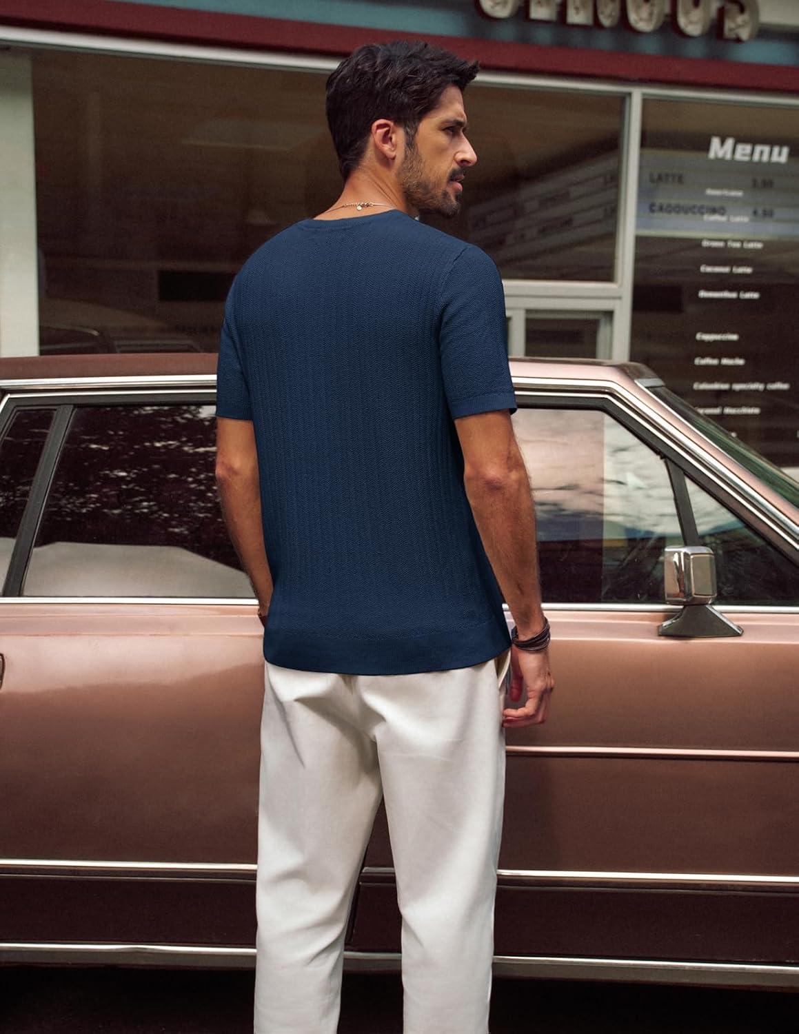 imagePJ PAUL JONES Mens T Shirts V Neck Short Sleeve Textured Herringbone Modern Fit Knit ShirtsRoyal Blue