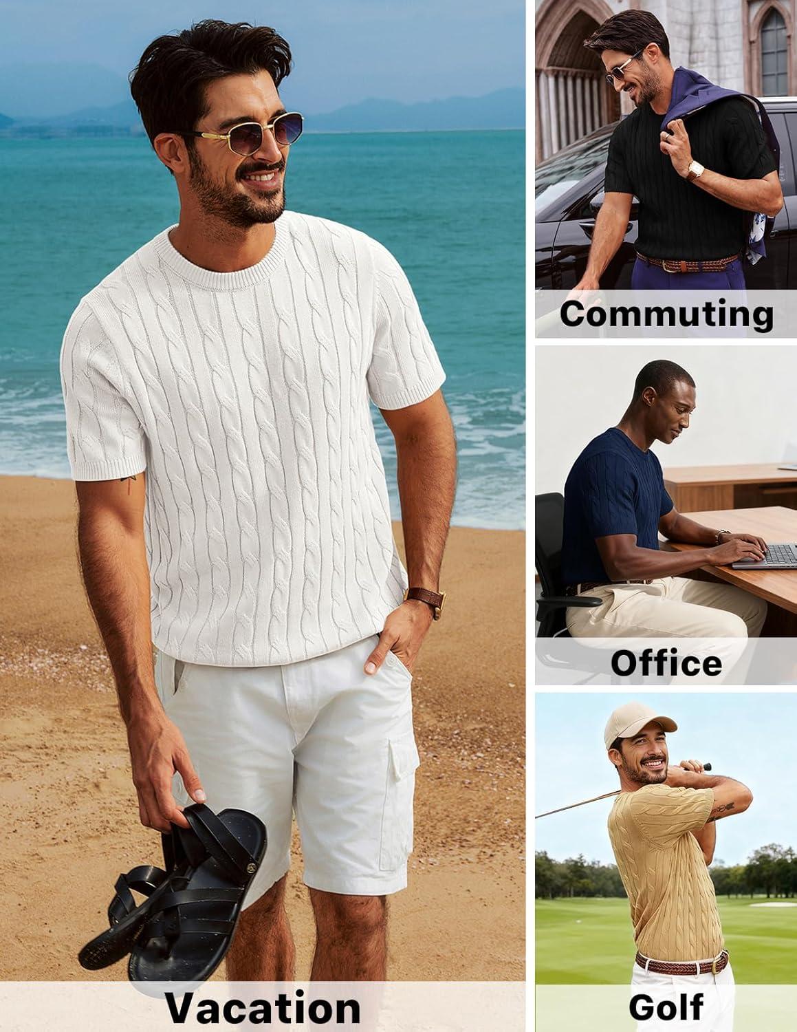 imagePJ PAUL JONES Mens TShirts Crewneck Tee Shirt Cable Knit Tee Short Sleeve Texture T ShirtWhite
