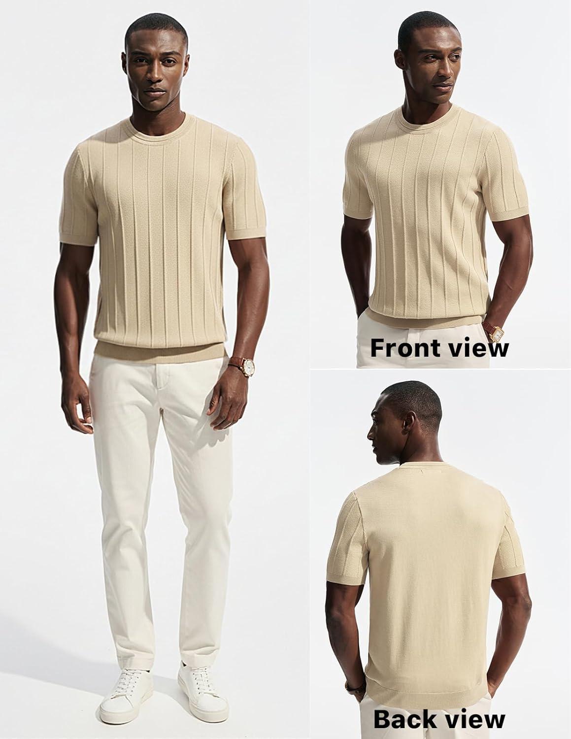 imagePJ PAUL JONES Mens TShirts Short Sleeve Crewneck Knit Texture Shirt Fashion Casual Stretch Tee ShirtsBeige