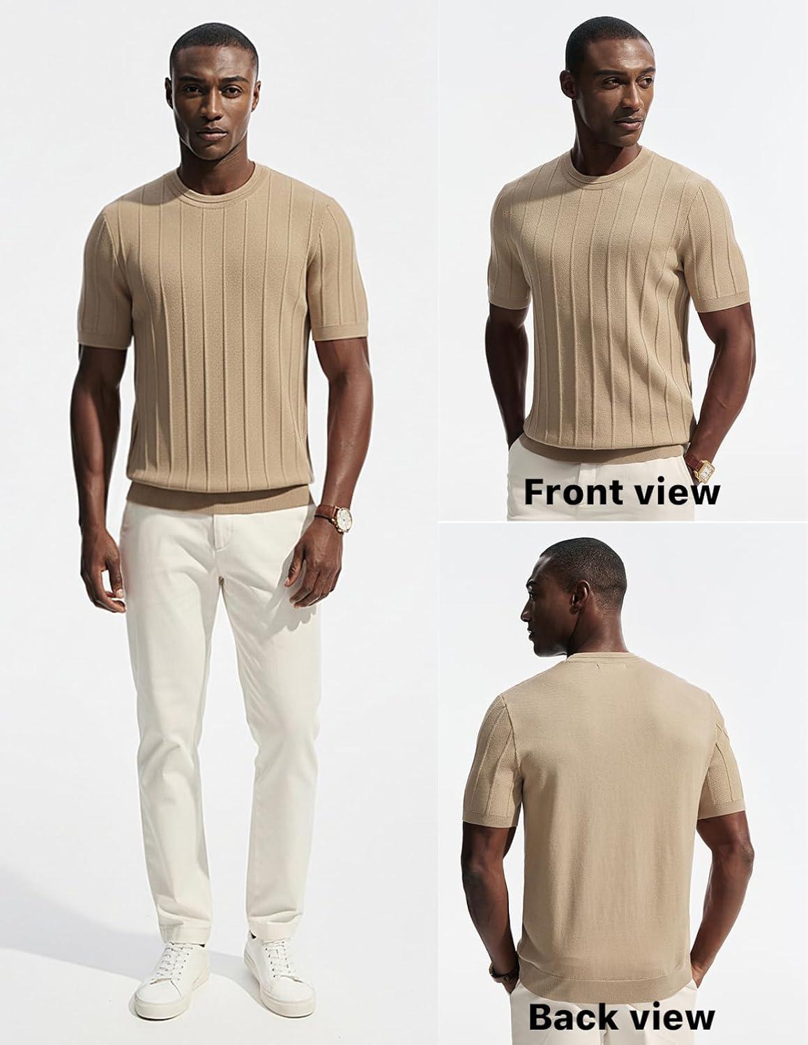 imagePJ PAUL JONES Mens TShirts Short Sleeve Crewneck Knit Texture Shirt Fashion Casual Stretch Tee ShirtsKhaki