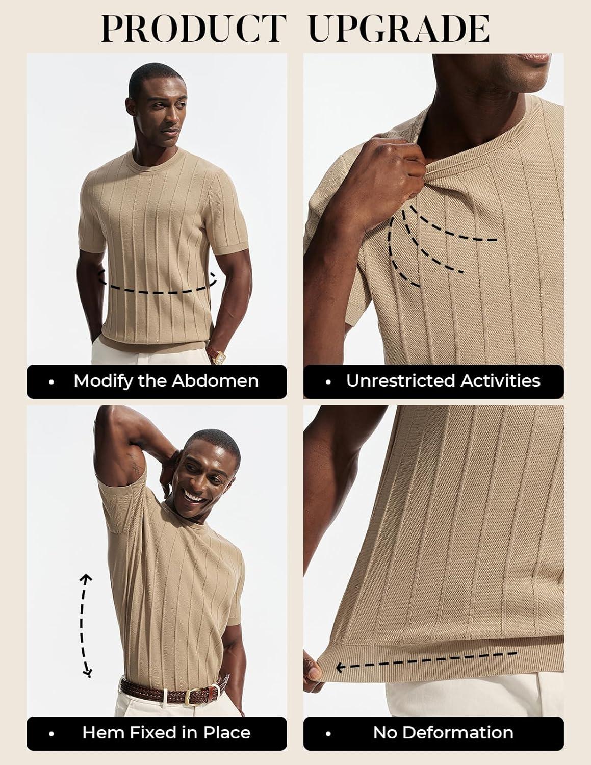imagePJ PAUL JONES Mens TShirts Short Sleeve Crewneck Knit Texture Shirt Fashion Casual Stretch Tee ShirtsKhaki