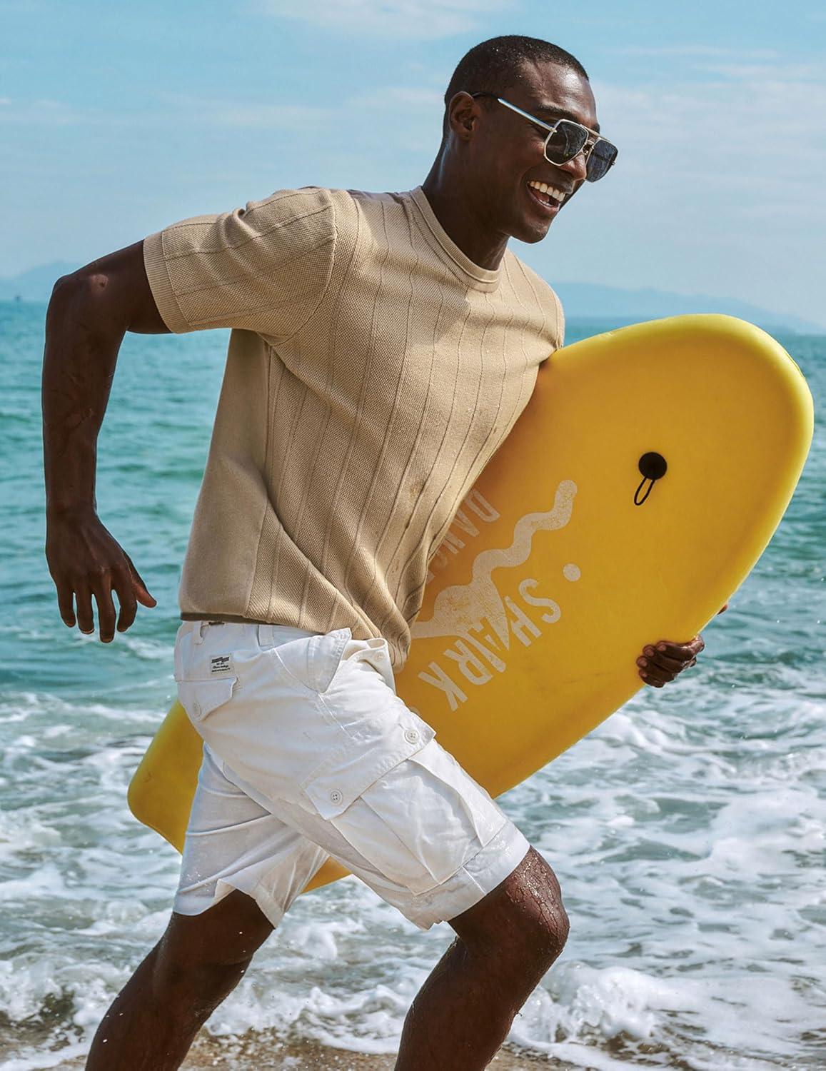 imagePJ PAUL JONES Mens TShirts Short Sleeve Crewneck Knit Texture Shirt Fashion Casual Stretch Tee ShirtsKhaki