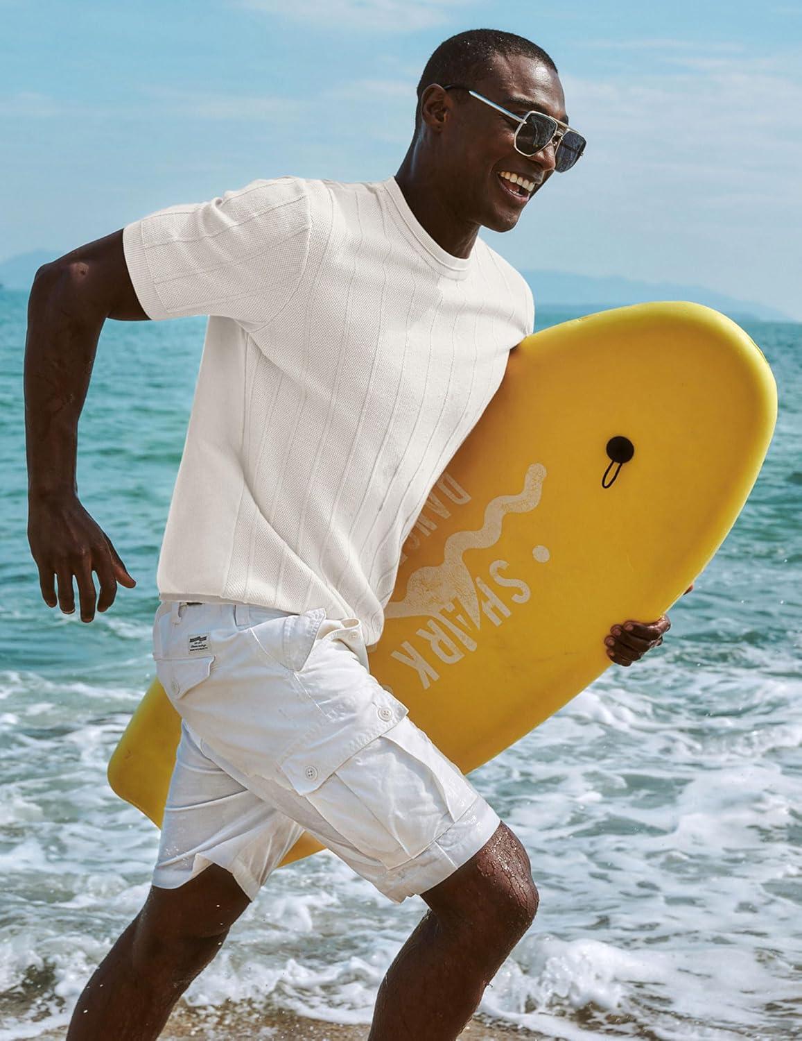 imagePJ PAUL JONES Mens TShirts Short Sleeve Crewneck Knit Texture Shirt Fashion Casual Stretch Tee ShirtsOffwhite