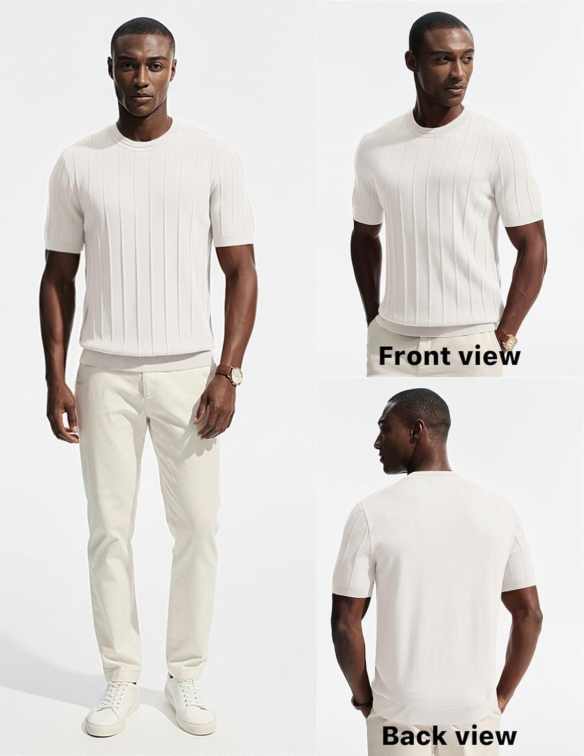 imagePJ PAUL JONES Mens TShirts Short Sleeve Crewneck Knit Texture Shirt Fashion Casual Stretch Tee ShirtsOffwhite