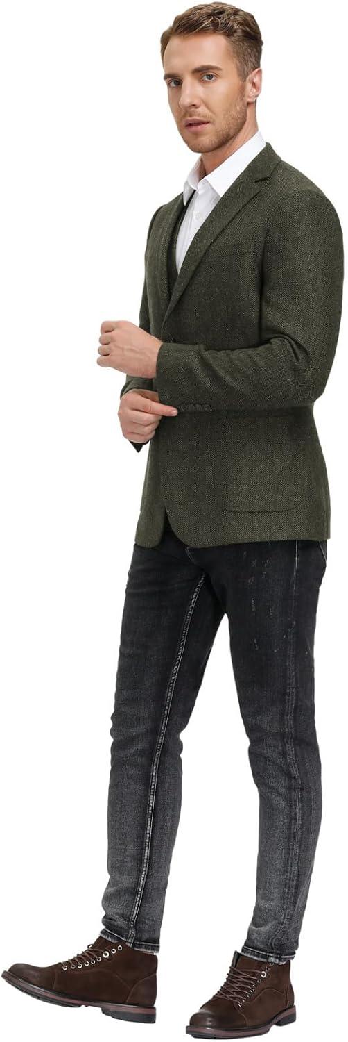 imagePJ PAUL JONES Mens Tweed Blazer Vintage Wool Blend Blazers Herringbone Two Button Sport CoatArmy Green