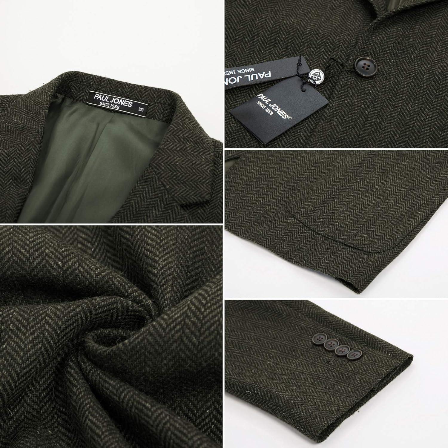 imagePJ PAUL JONES Mens Tweed Blazer Vintage Wool Blend Blazers Herringbone Two Button Sport CoatArmy Green