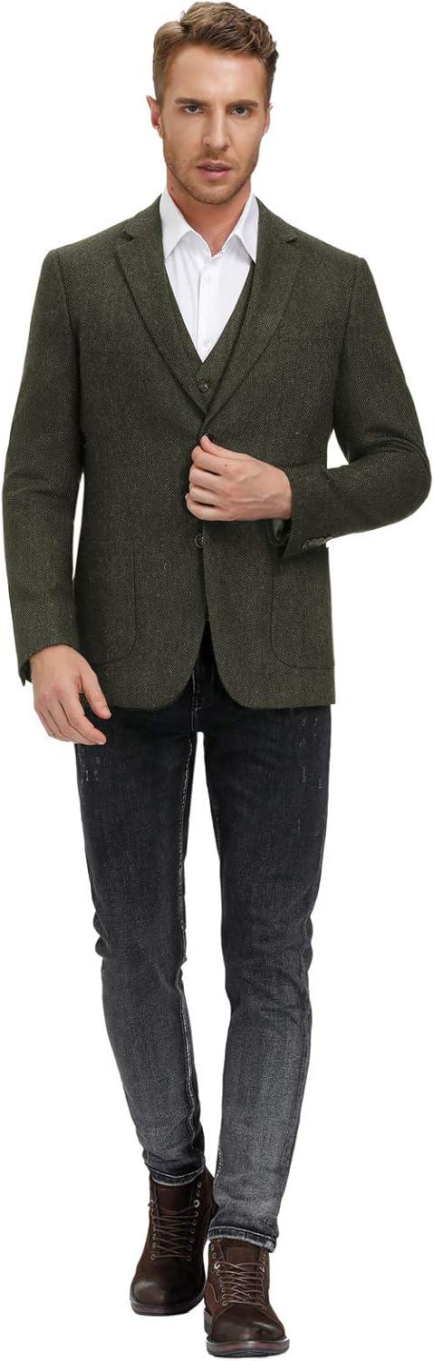 imagePJ PAUL JONES Mens Tweed Blazer Vintage Wool Blend Blazers Herringbone Two Button Sport CoatArmy Green