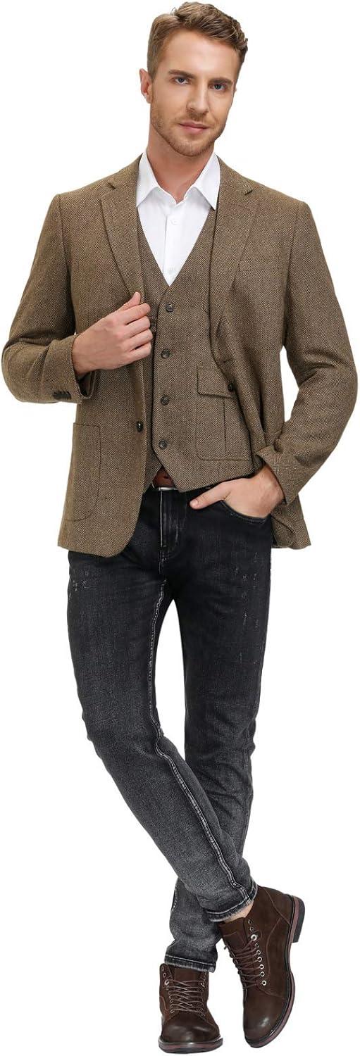 imagePJ PAUL JONES Mens Tweed Blazer Vintage Wool Blend Blazers Herringbone Two Button Sport CoatCoffee