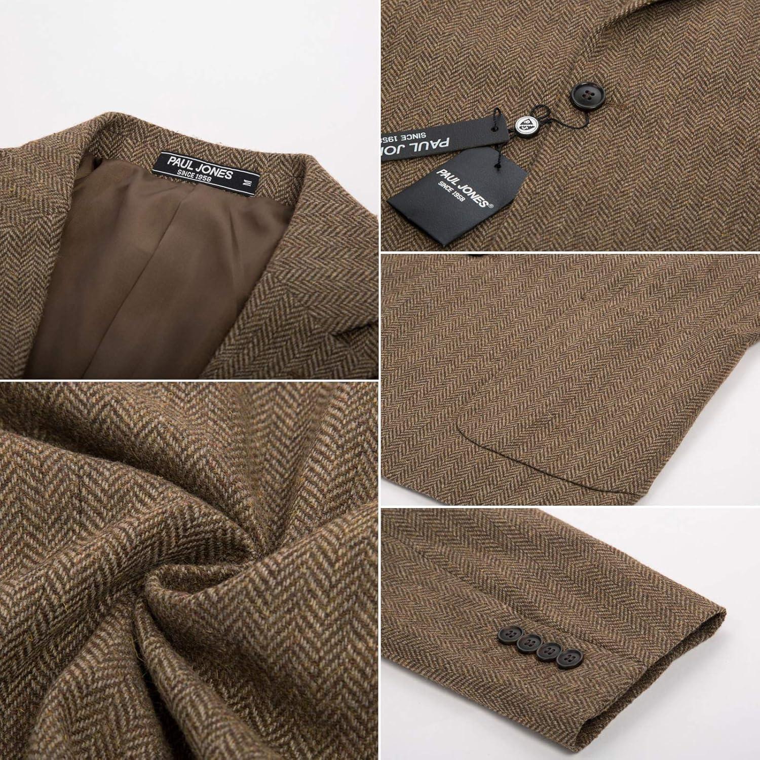 imagePJ PAUL JONES Mens Tweed Blazer Vintage Wool Blend Blazers Herringbone Two Button Sport CoatCoffee