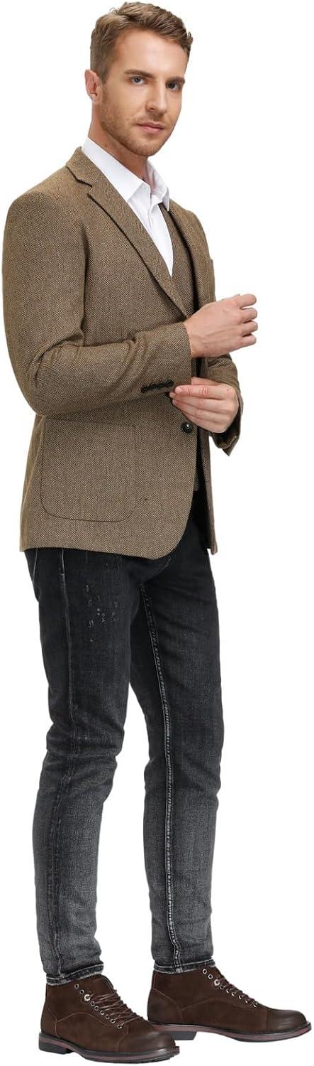 imagePJ PAUL JONES Mens Tweed Blazer Vintage Wool Blend Blazers Herringbone Two Button Sport CoatCoffee