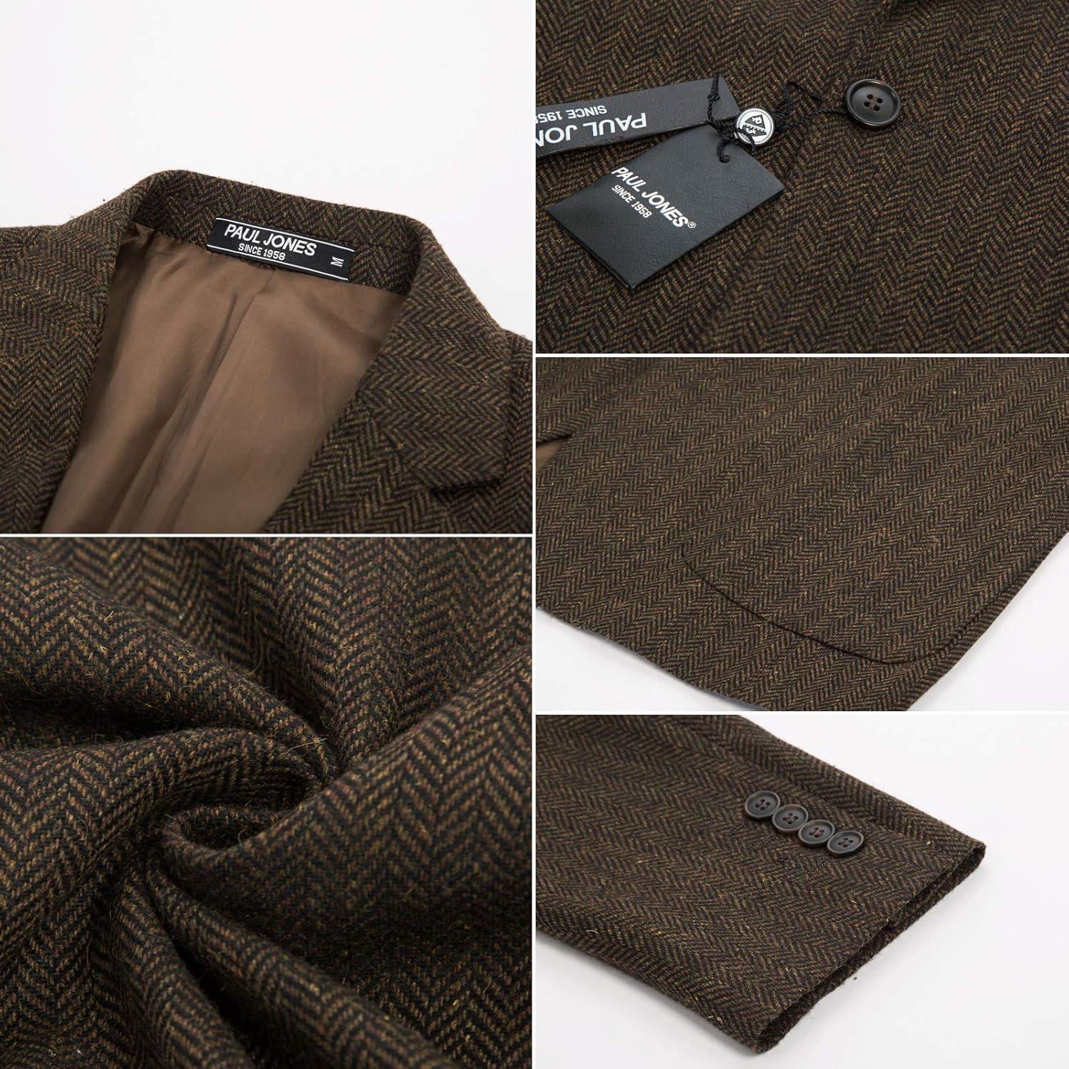 imagePJ PAUL JONES Mens Tweed Blazer Vintage Wool Blend Blazers Herringbone Two Button Sport CoatDark Brown