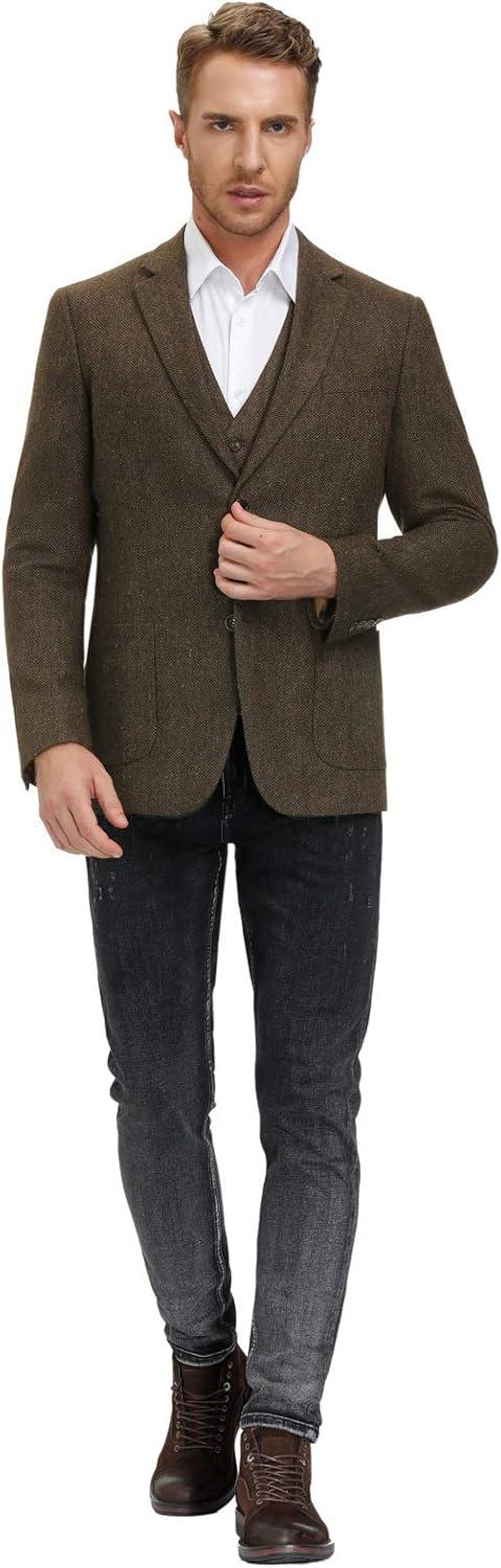 imagePJ PAUL JONES Mens Tweed Blazer Vintage Wool Blend Blazers Herringbone Two Button Sport CoatDark Brown