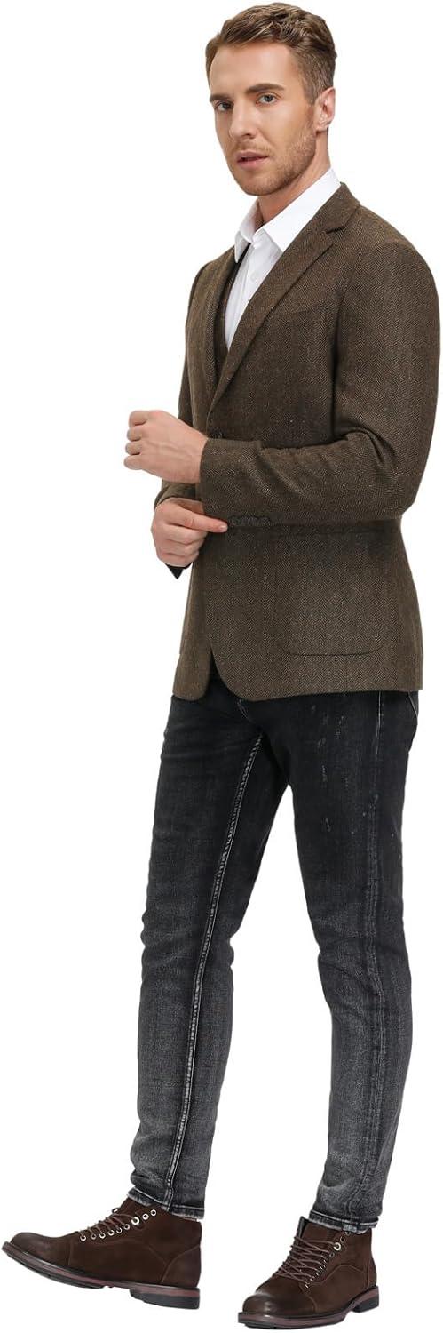 imagePJ PAUL JONES Mens Tweed Blazer Vintage Wool Blend Blazers Herringbone Two Button Sport CoatDark Brown