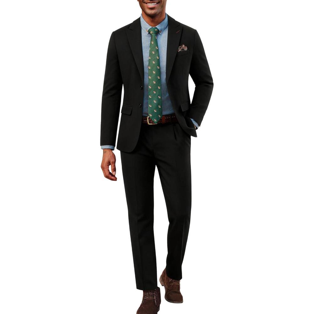 imagePJ PAUL JONES Mens 2 Piece Suit Vintage Herringbone Tweed Suits 2 Button Peak Lapel Blazer Pants SetBlack