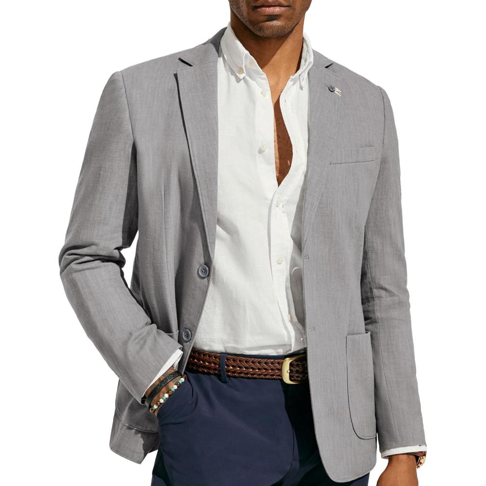 imagePJ PAUL JONES Mens Casual Blazer Lightweight Linen Sport Coat 2 Button Unlined Suit JacketsLight Grey